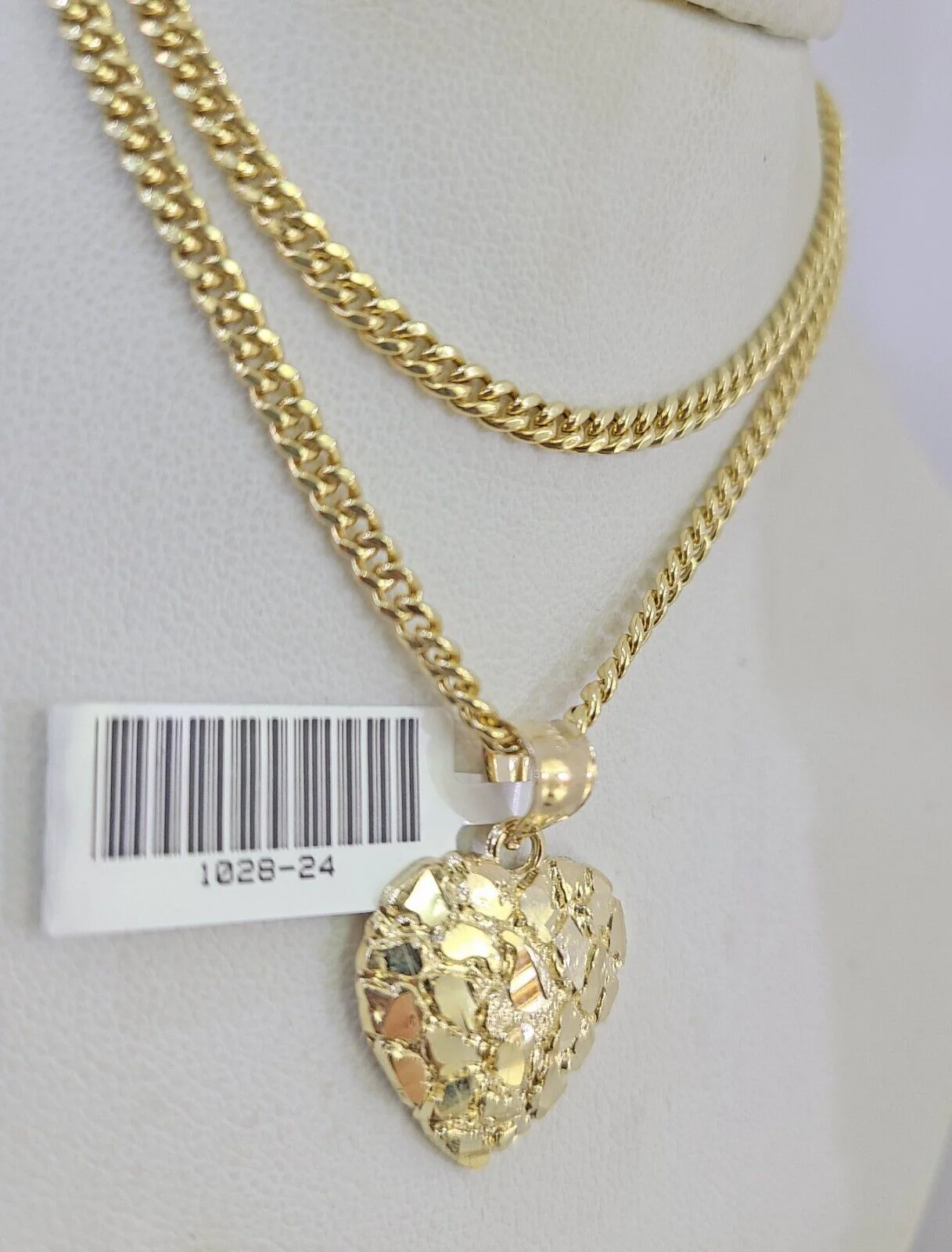 Real 10k Gold Chain Pendant SET Nugget Heart Charm Miami Cuban Link Necklace 2mm - Image 3