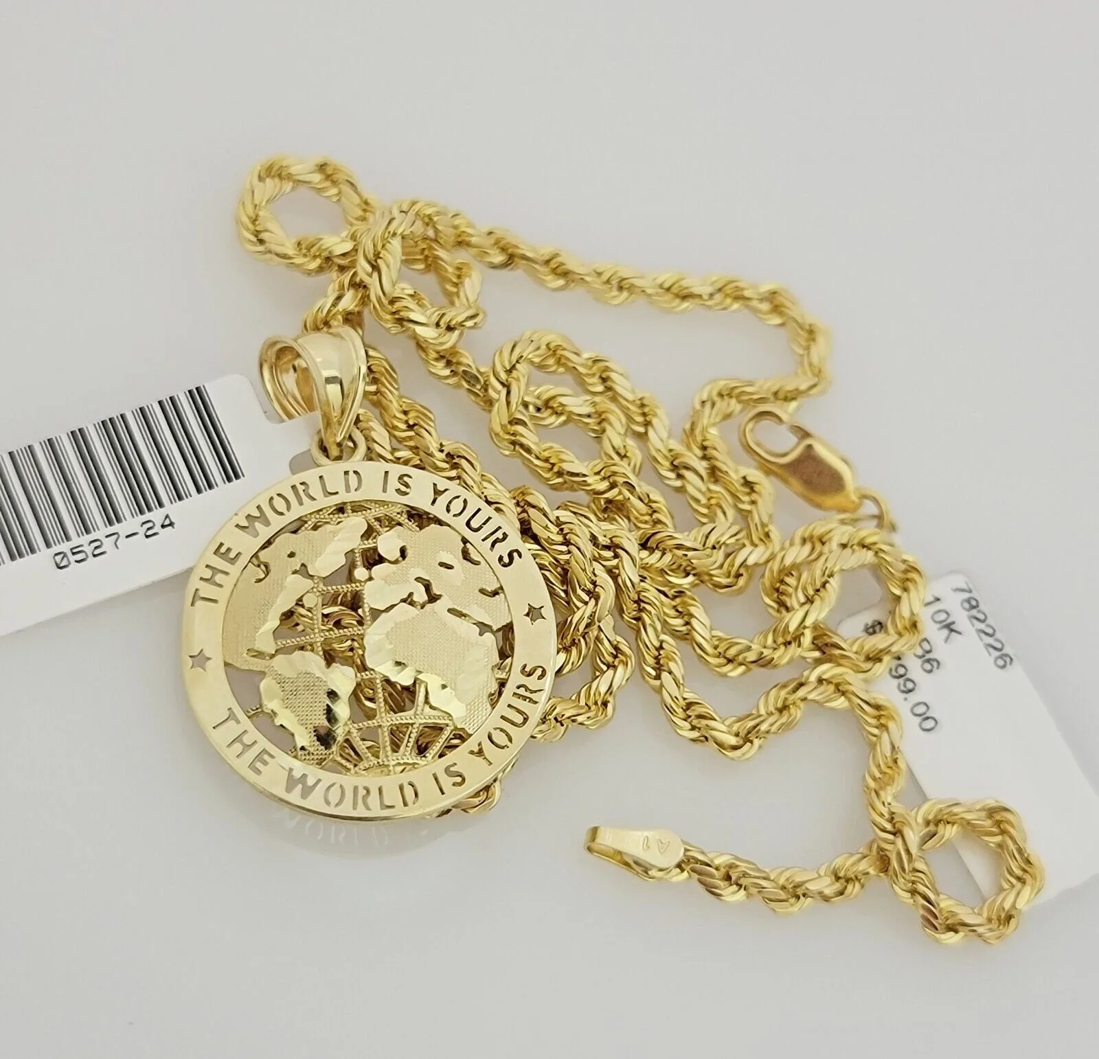 Real 10k Gold Chain Pendant SET World Is Your Charm  Rope Necklace 3mm 24 Inch - Image 3