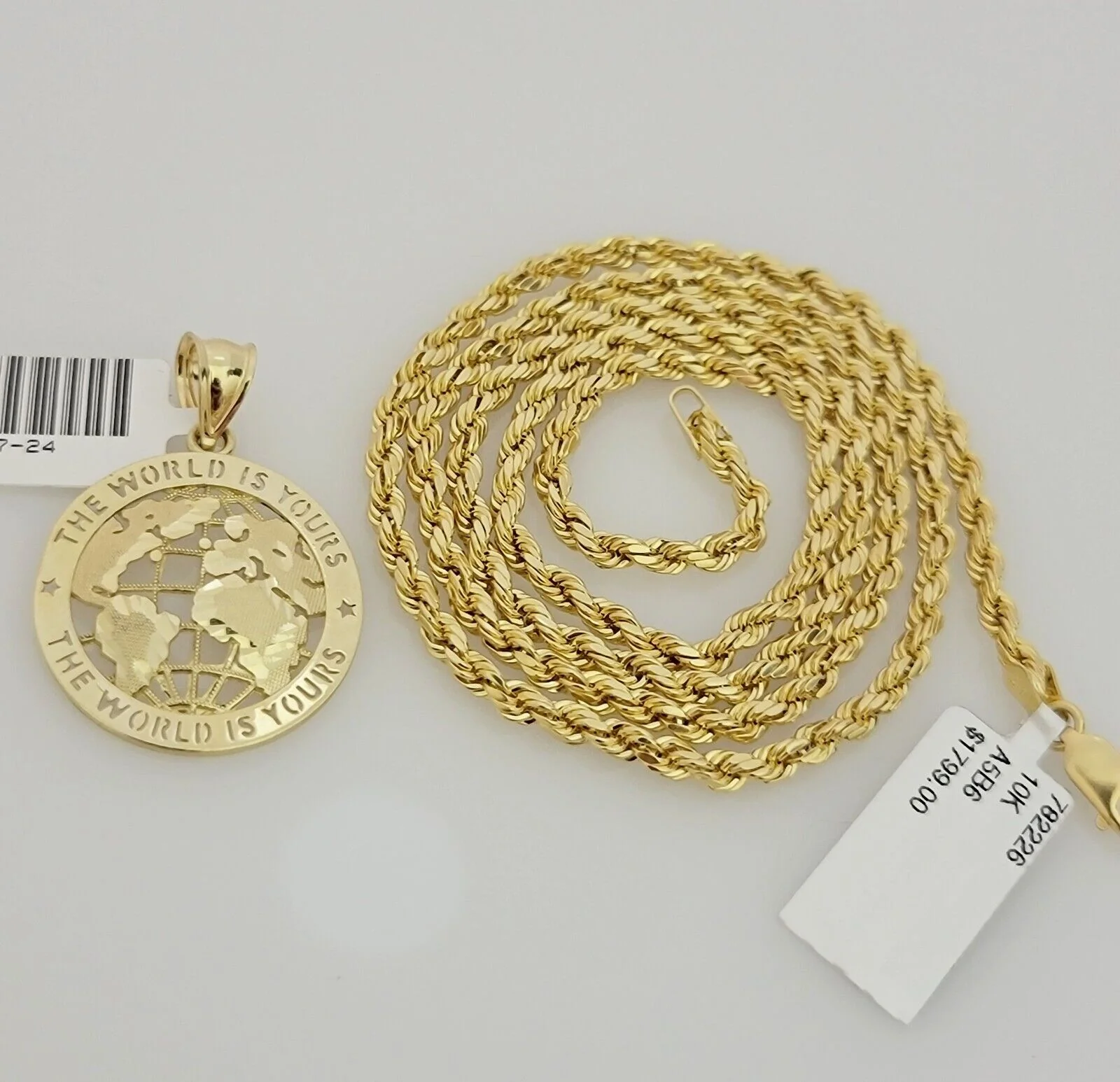 Real 10k Gold Chain Pendant SET World Is Your Charm  Rope Necklace 3mm 24 Inch - Image 5