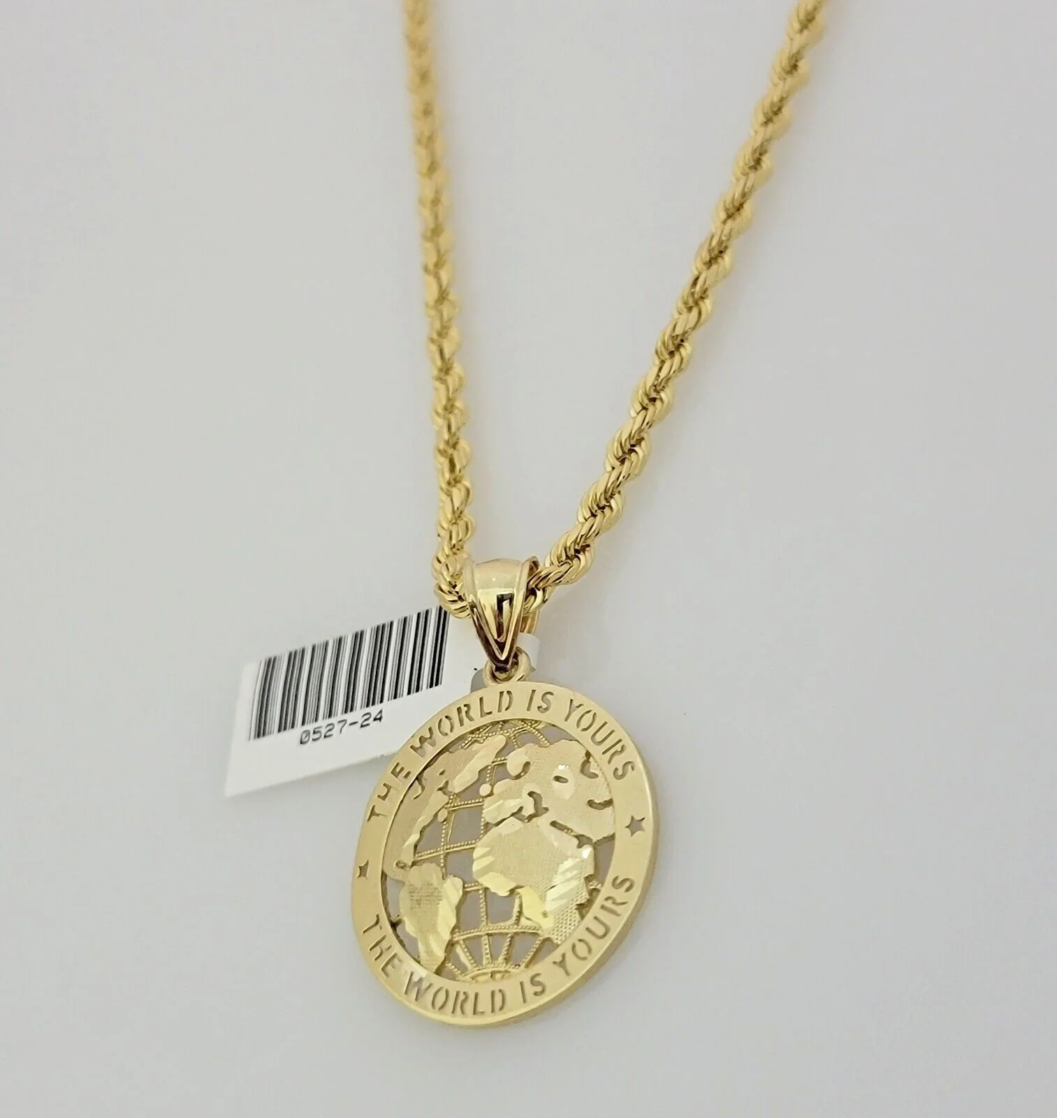 Real 10k Gold Chain Pendant SET World Is Your Charm  Rope Necklace 3mm 24 Inch - Image 6