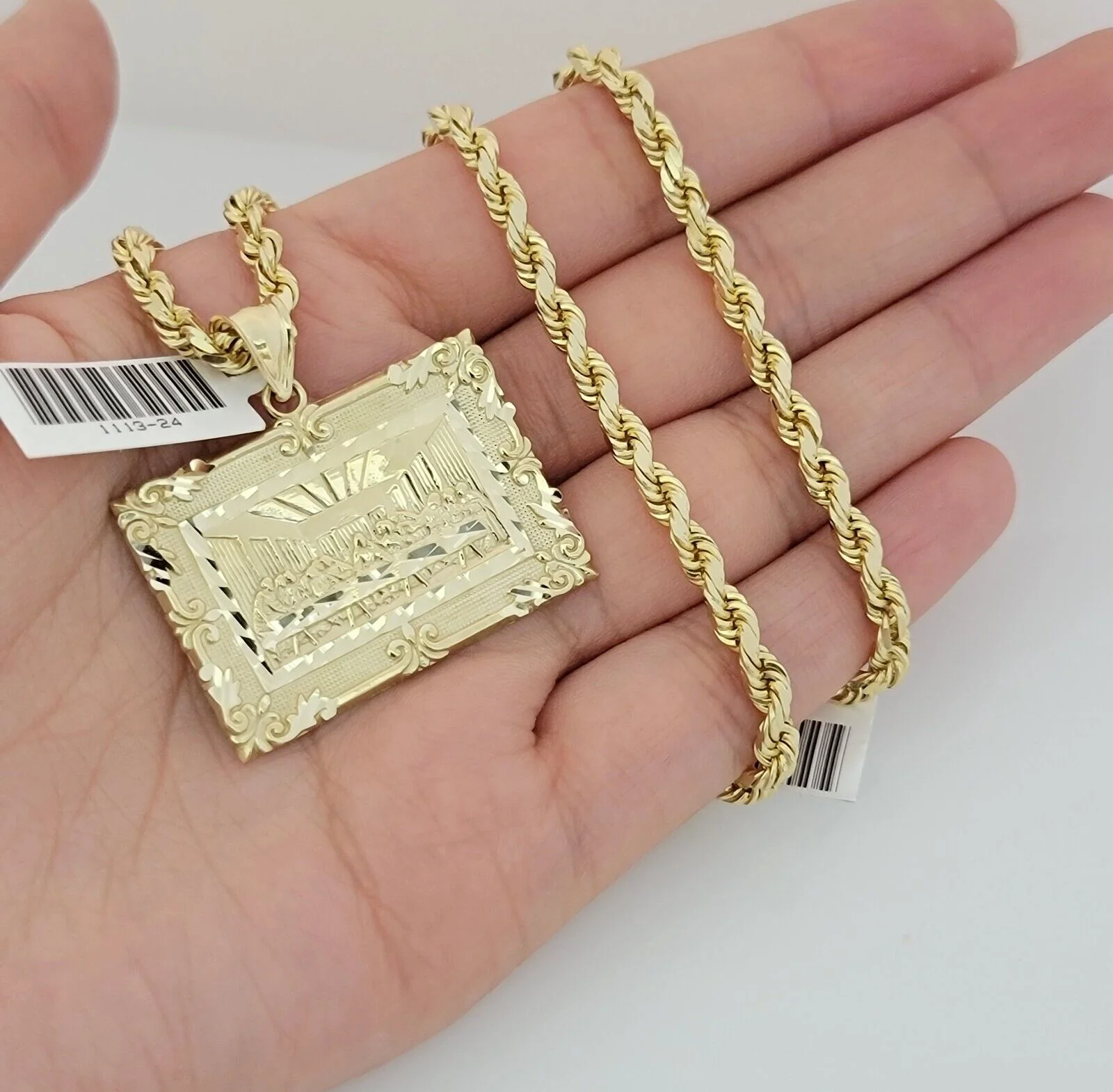Real 10k Gold Chain Solid Rope Necklace Pendant SET Last supper Charm 4mm 24" - Image 2