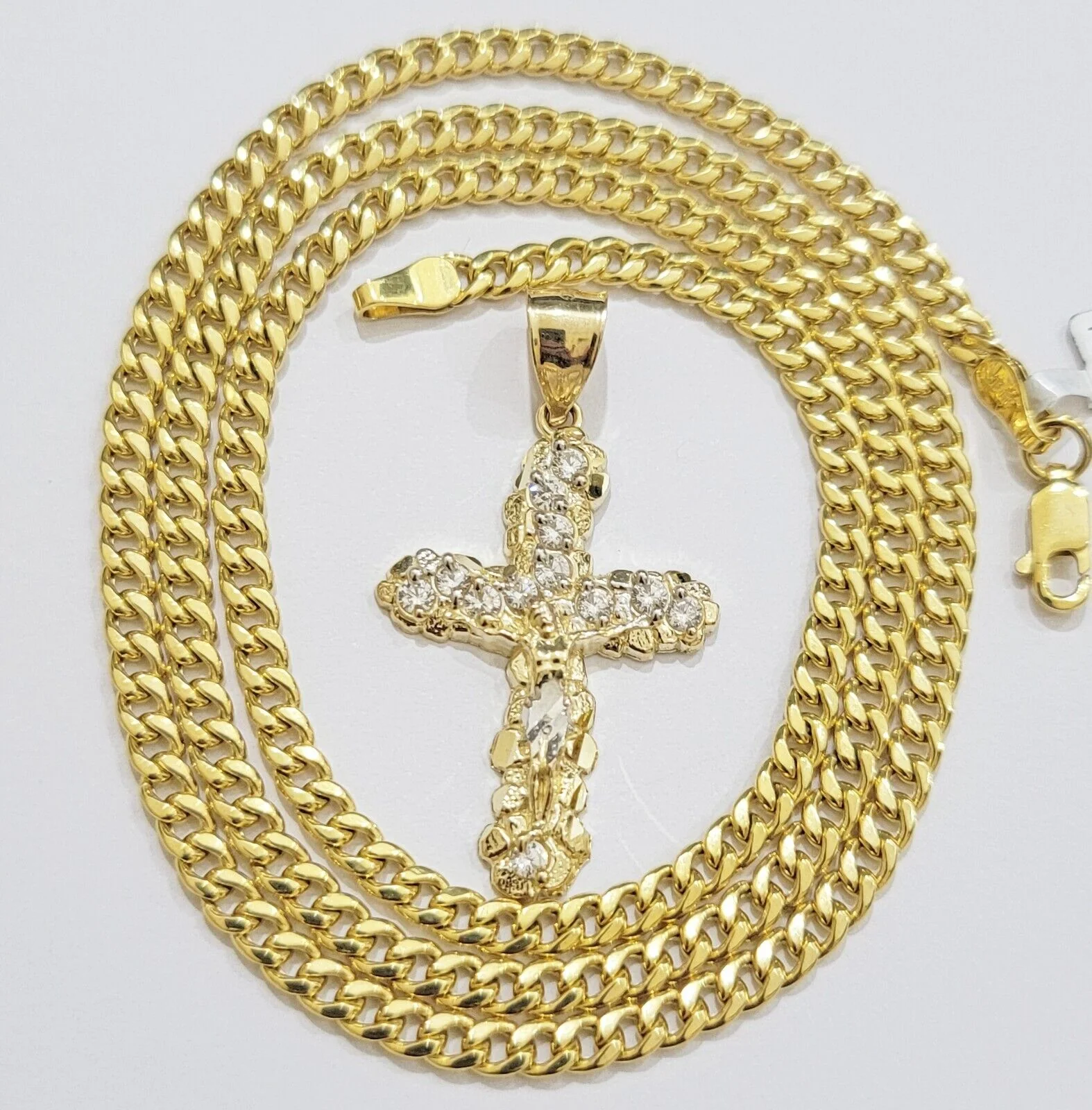 Real 10k Gold Cross Charm Pendant Chain SET 18-26" Miami Cuban Link Necklace Men - Image 2