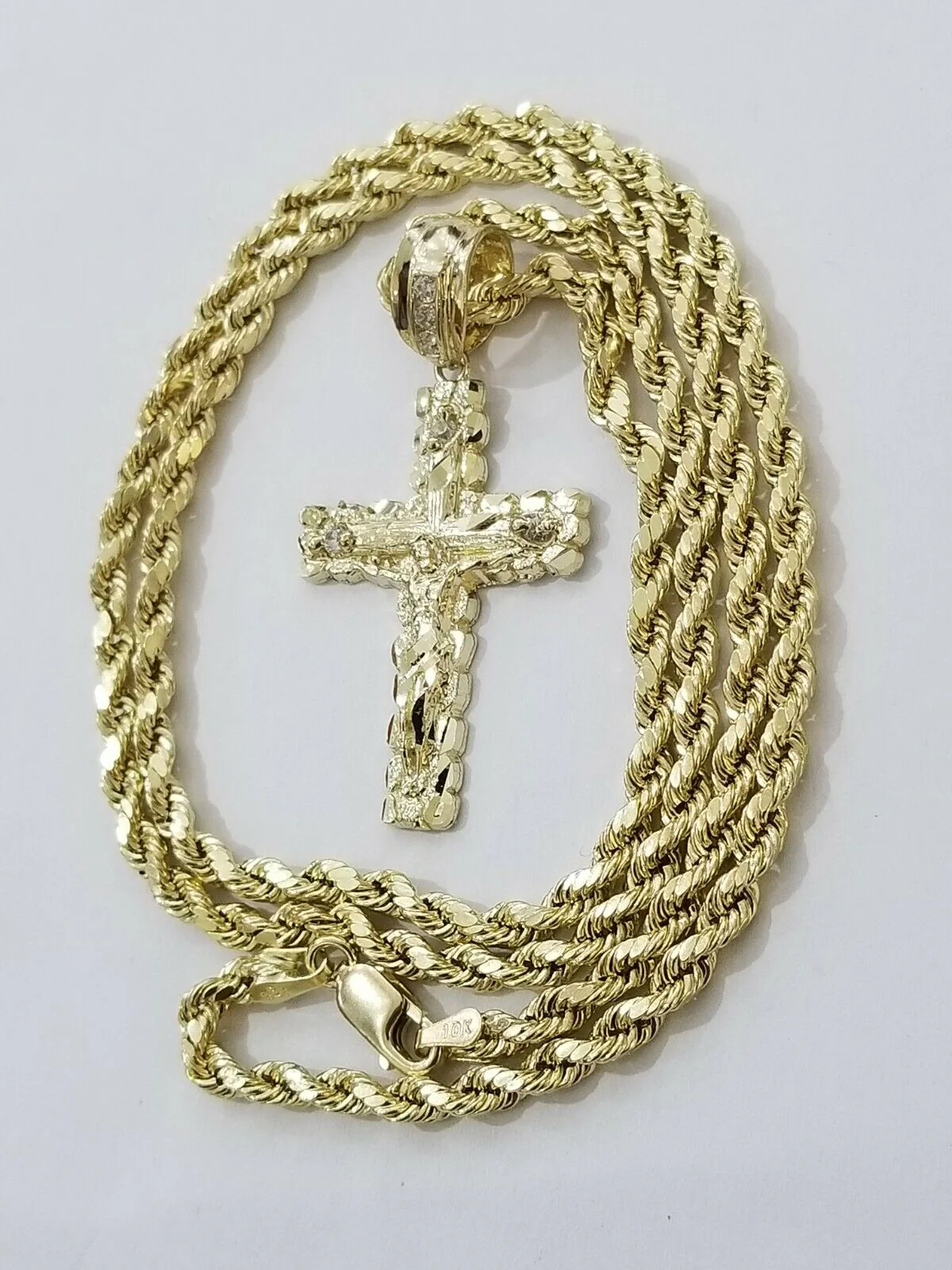 Real 10k Gold Cross & Solid Rope Chain 4mm Necklace Charm & Pendant Set 16"-28" - Image 2