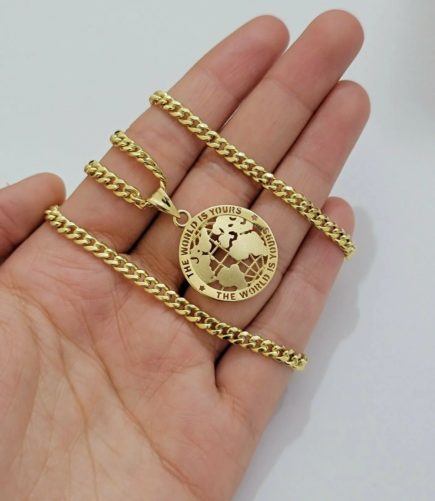 Real 10k Gold Cuban Link Chain Pendant Set 20" 3.5 mm Necklace World Map Charm - Image 4