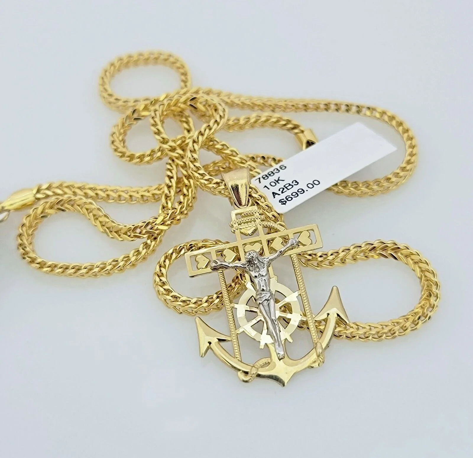 Real 10k Gold Franco Chain Anchor Cross Charm pendant Set 2.5mm Necklace 20 Inch - Image 3
