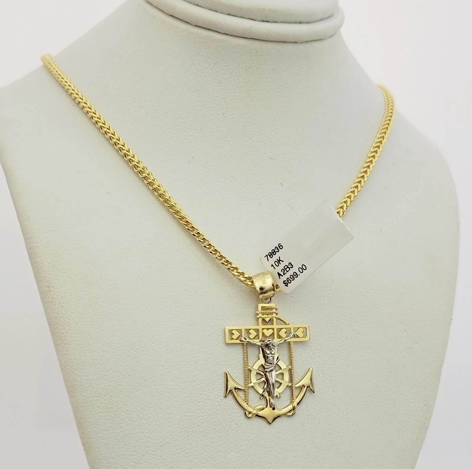 Real 10k Gold Franco Chain Anchor Cross Charm pendant Set 2.5mm Necklace 20 Inch - Image 4