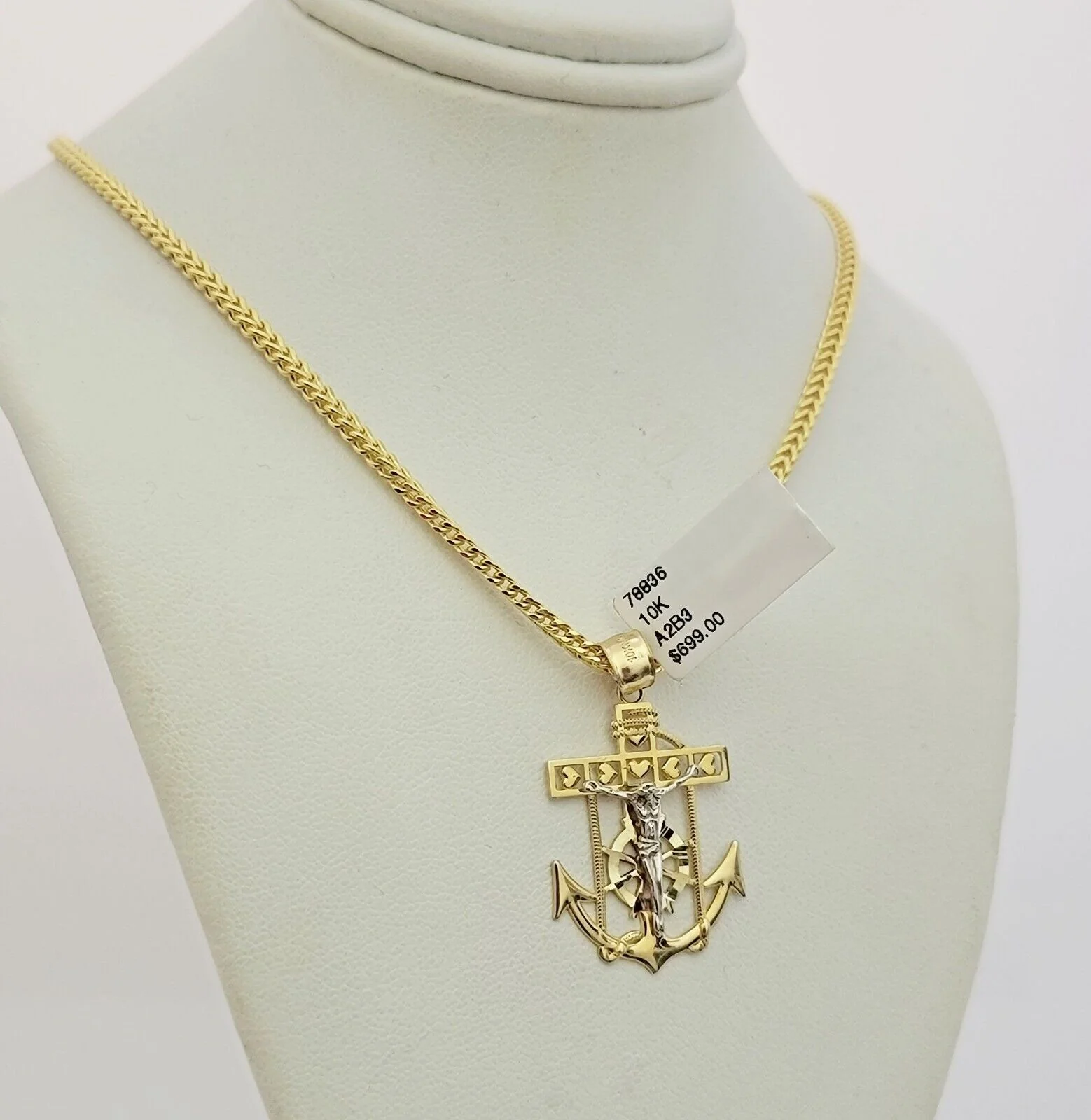 Real 10k Gold Franco Chain Anchor Cross Charm pendant Set 2.5mm Necklace 20 Inch - Image 7