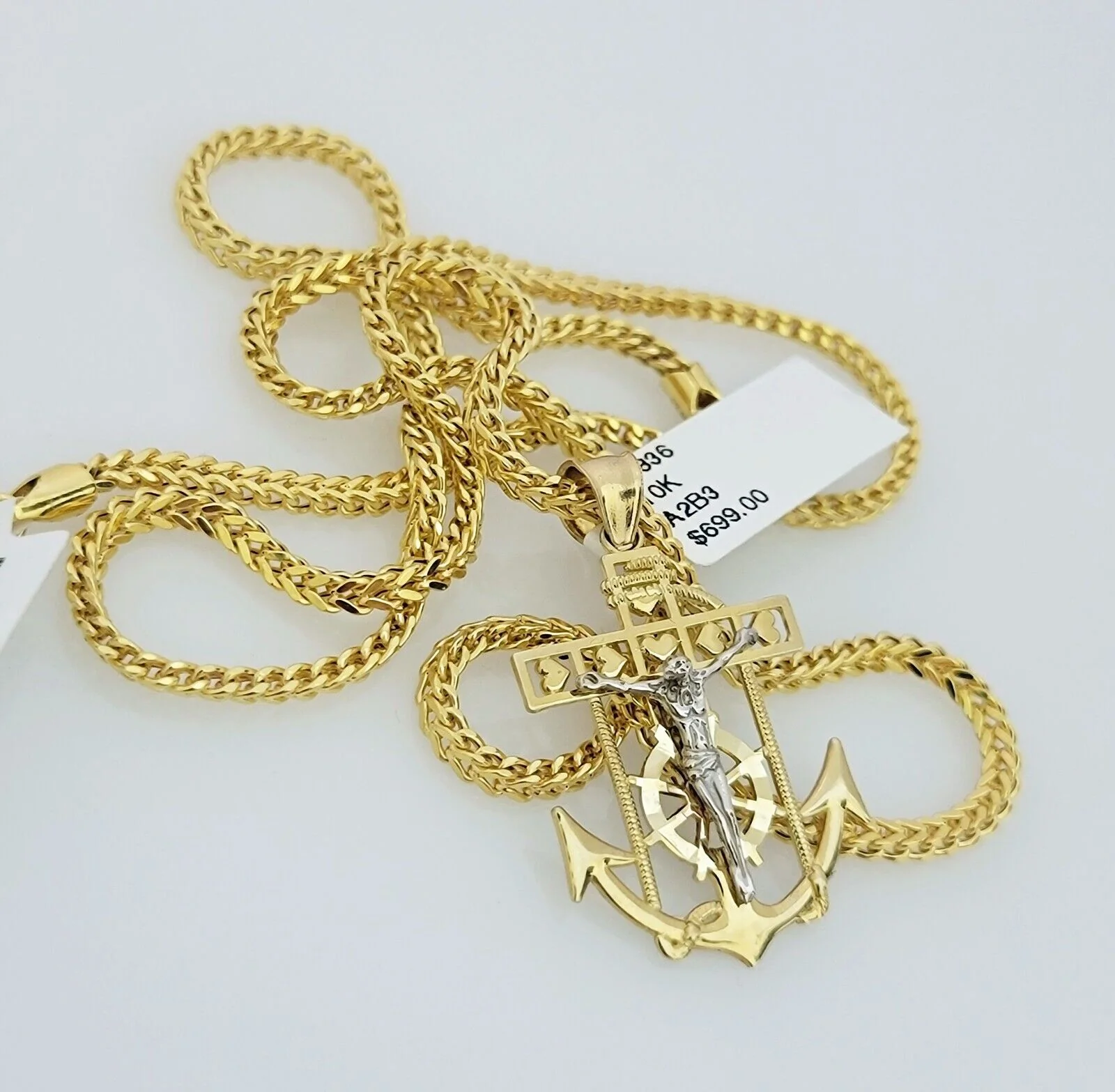 Real 10k Gold Franco Chain Anchor Cross Charm pendant Set 2.5mm Necklace 20 Inch - Image 8