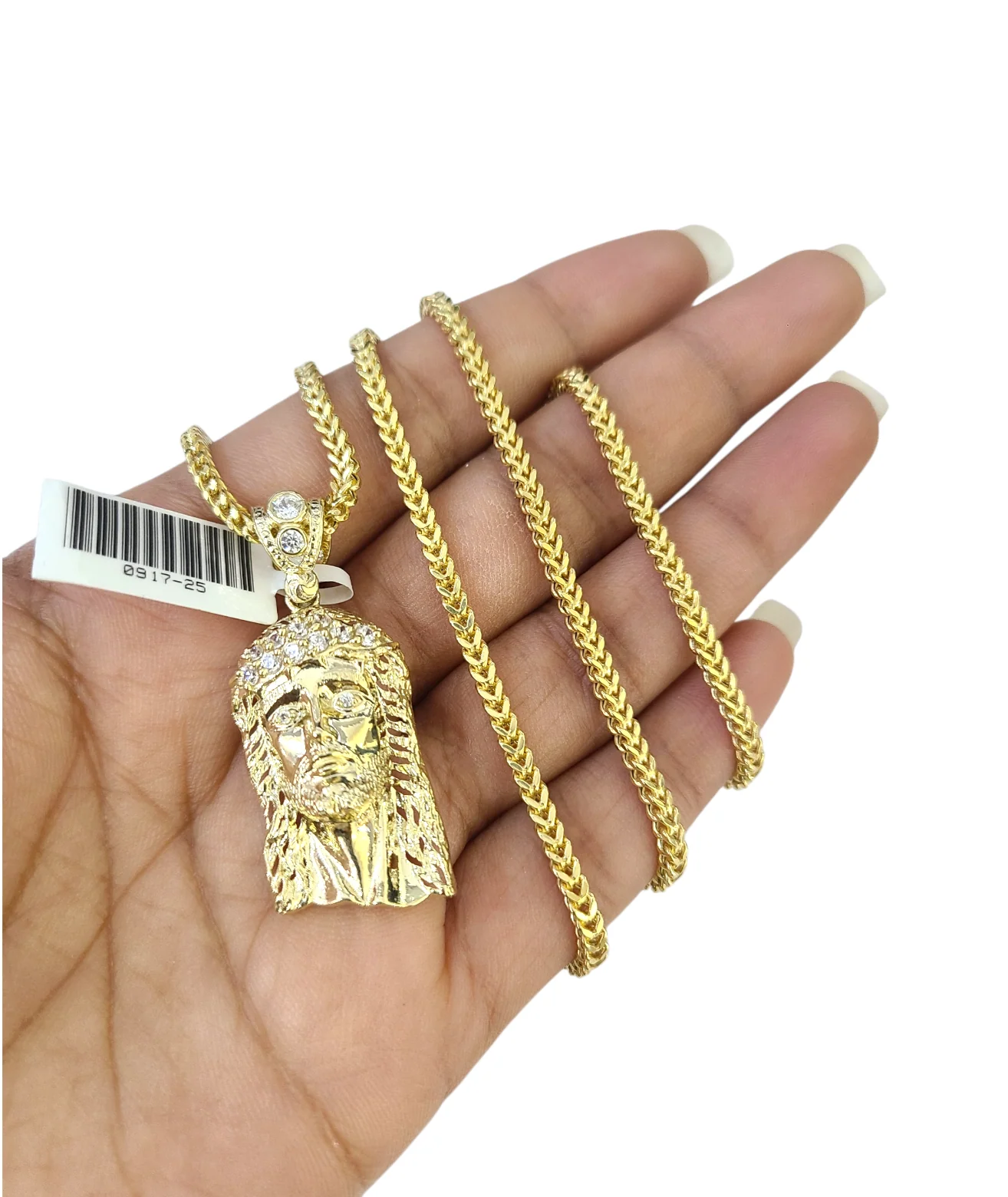 Real 10k Gold Franco Chain Christ Head Charm Pendant Necklace SET 2.5mm 18"-26"