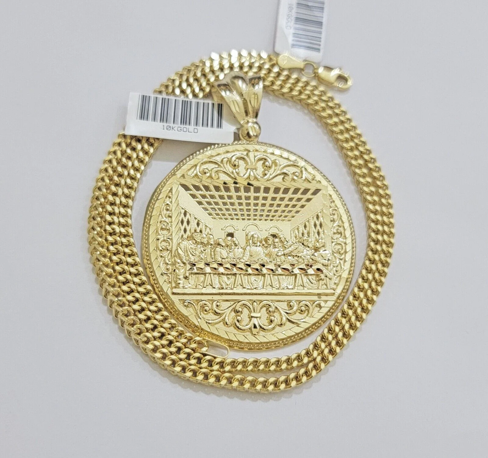 REAL 10k Gold Franco Chain & Last Supper Charm Pendant SET Necklace 26 Inch 3mm - Image 6