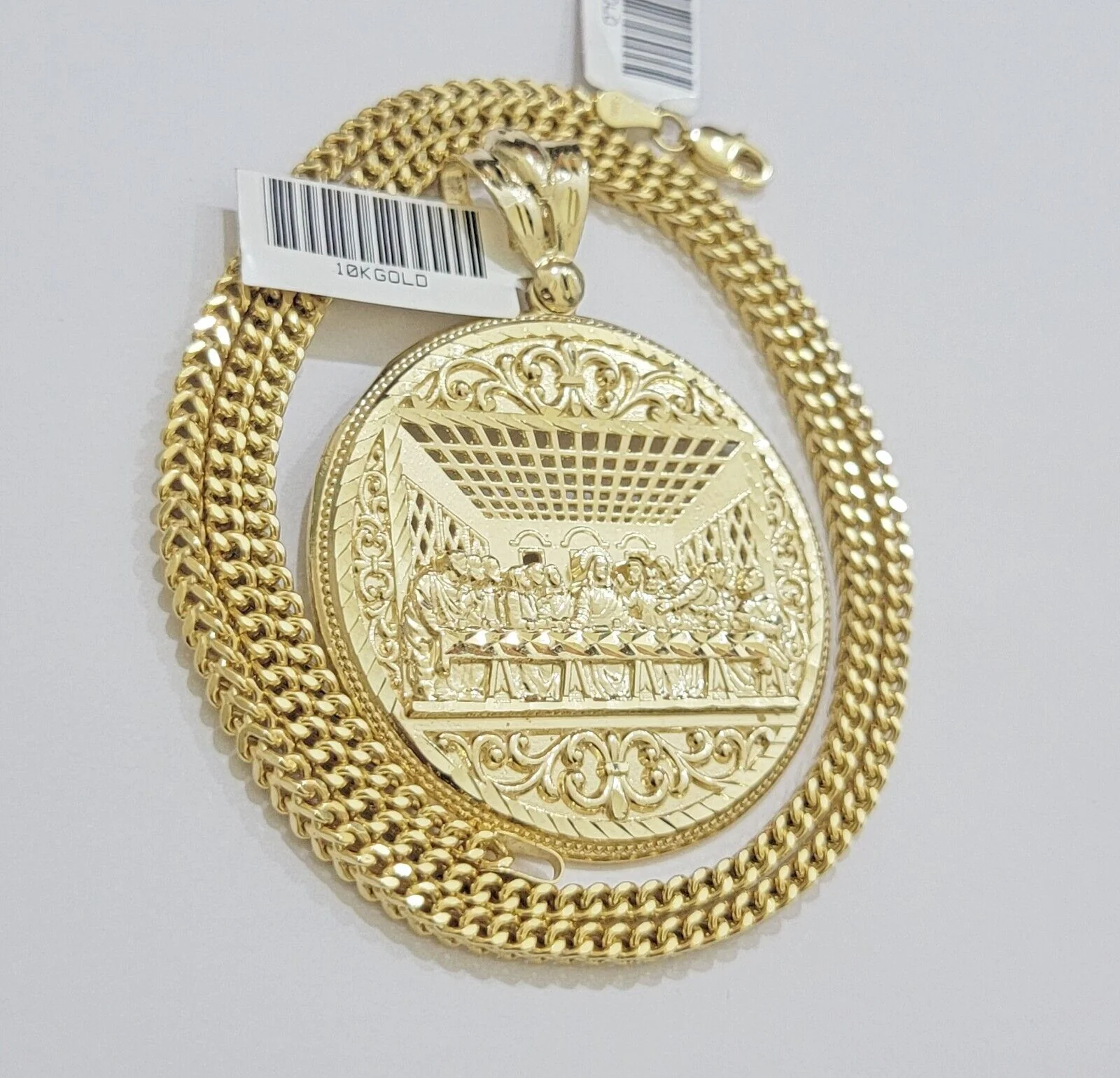 REAL 10k Gold Franco Chain Last Supper Pendant SET Necklace 20" - 26 Inch - Image 6