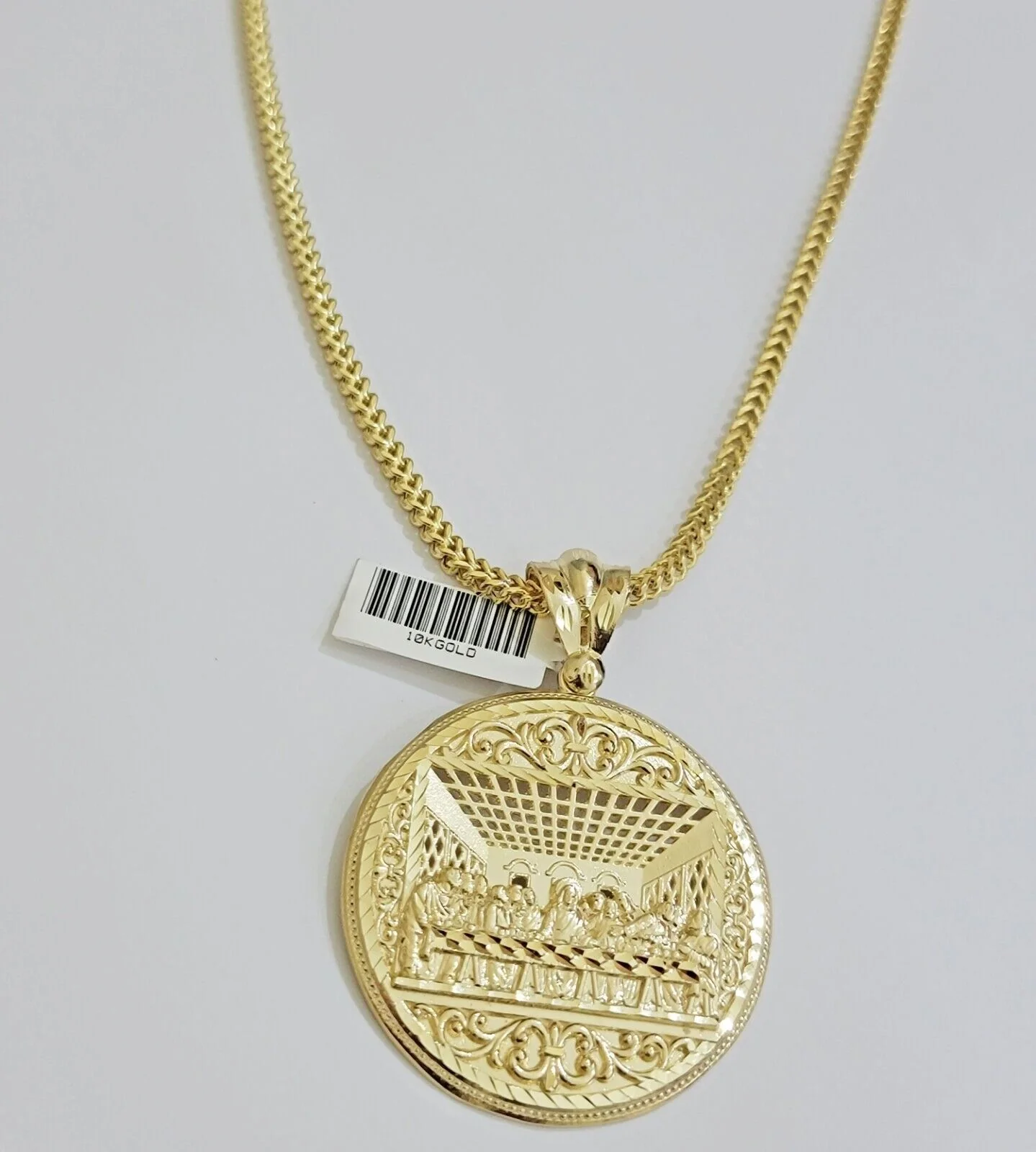 REAL 10k Gold Franco Chain Last Supper Pendant SET Necklace 20" - 26 Inch - Image 8