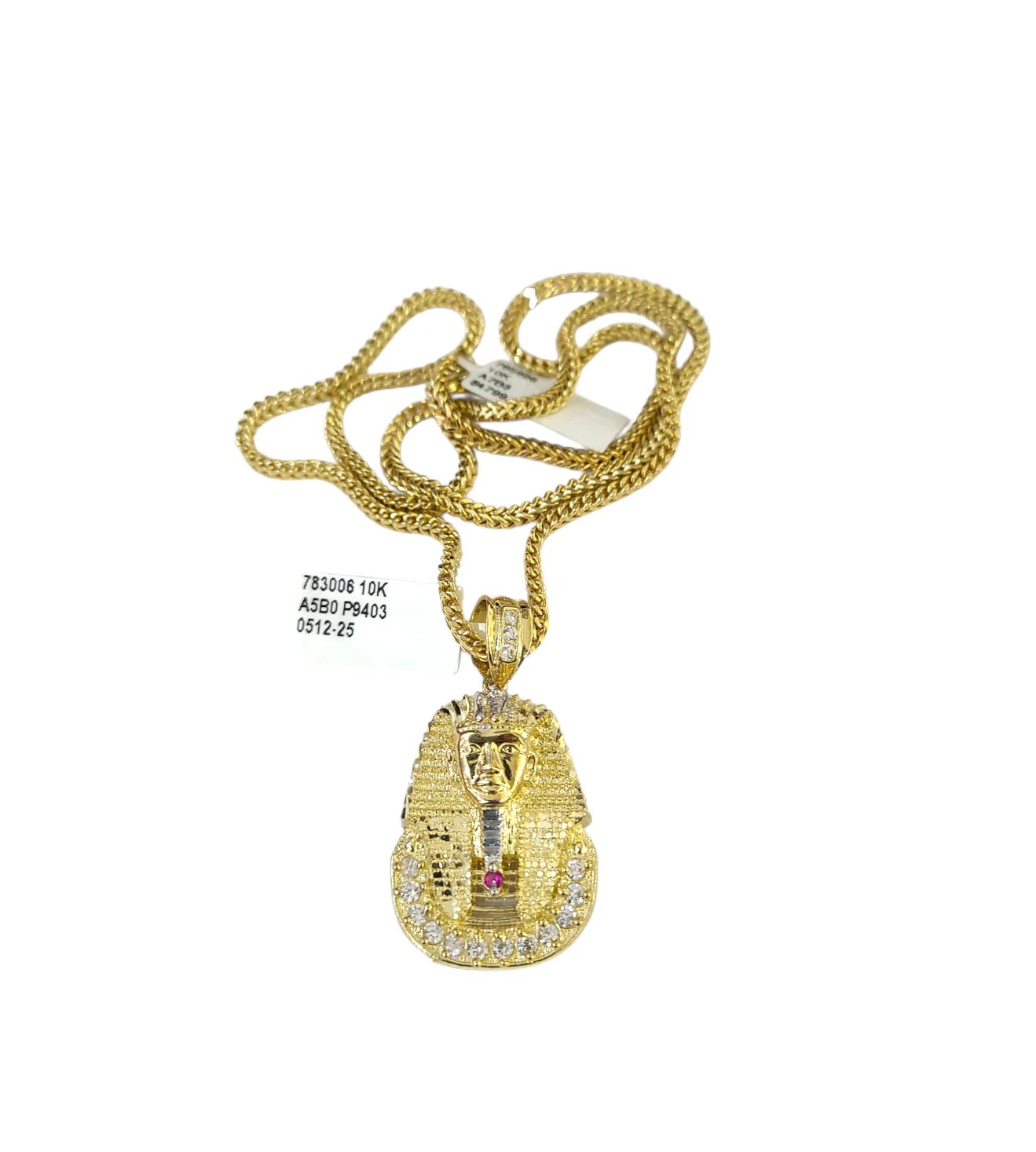 Real 10k Gold Franco Chain Pharaoh Head Charm 2.5mm 18"-26" Pendant Necklace SET