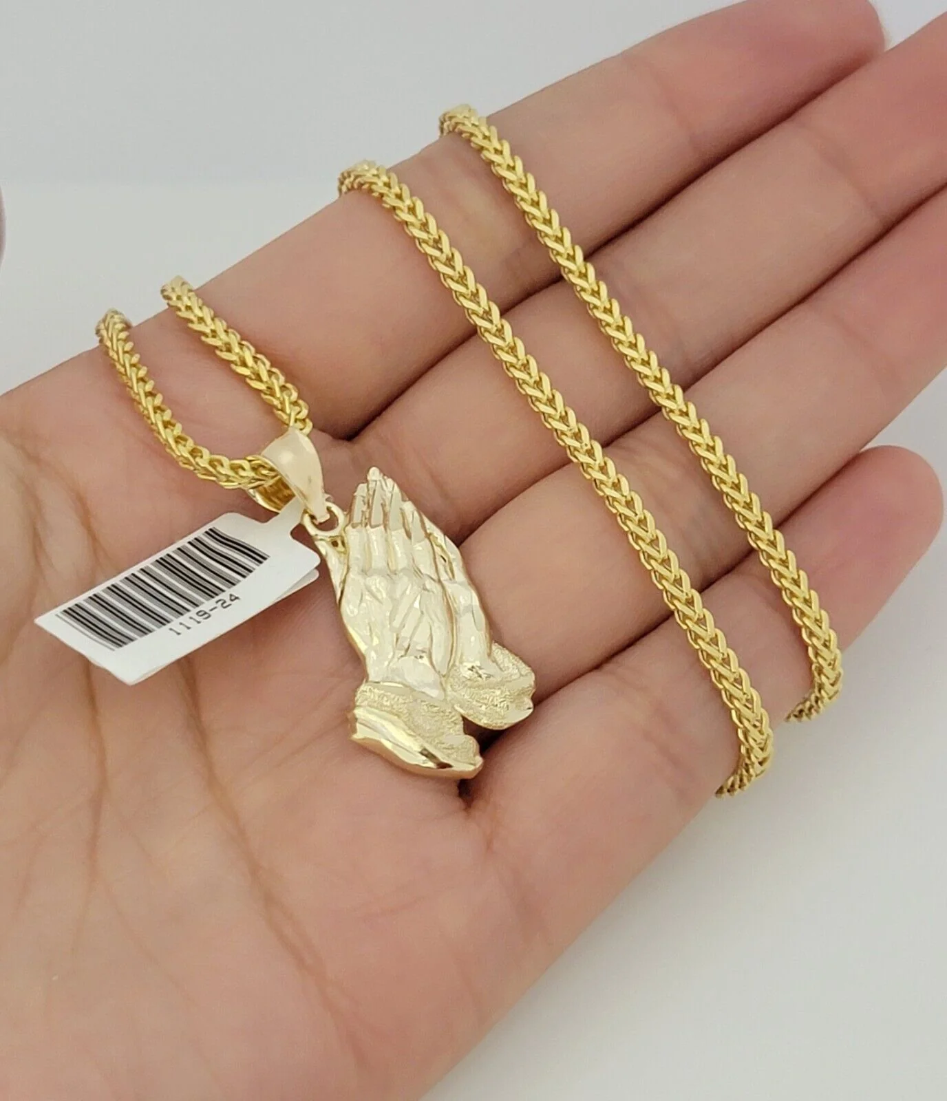 Real 10k Gold Franco Chain Praying Hand Charm pendant Set 2.5mm Necklace 22 Inch - Image 2