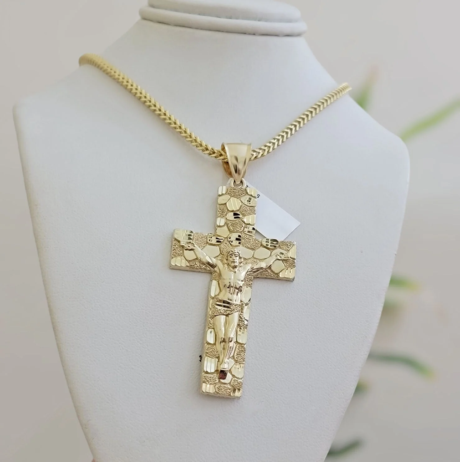REAL 10k Gold Franco Necklace Nugget Charm Cross Pendant SET 22 Inch 3mm Chain - Image 3
