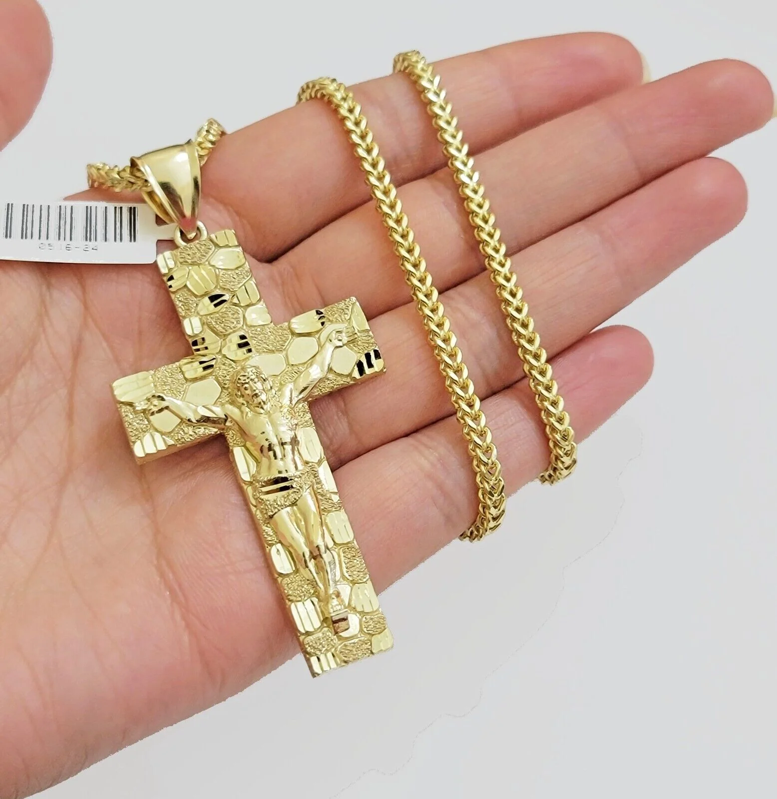REAL 10k Gold Franco Necklace Nugget Charm Cross Pendant SET 22 Inch 3mm Chain - Image 8
