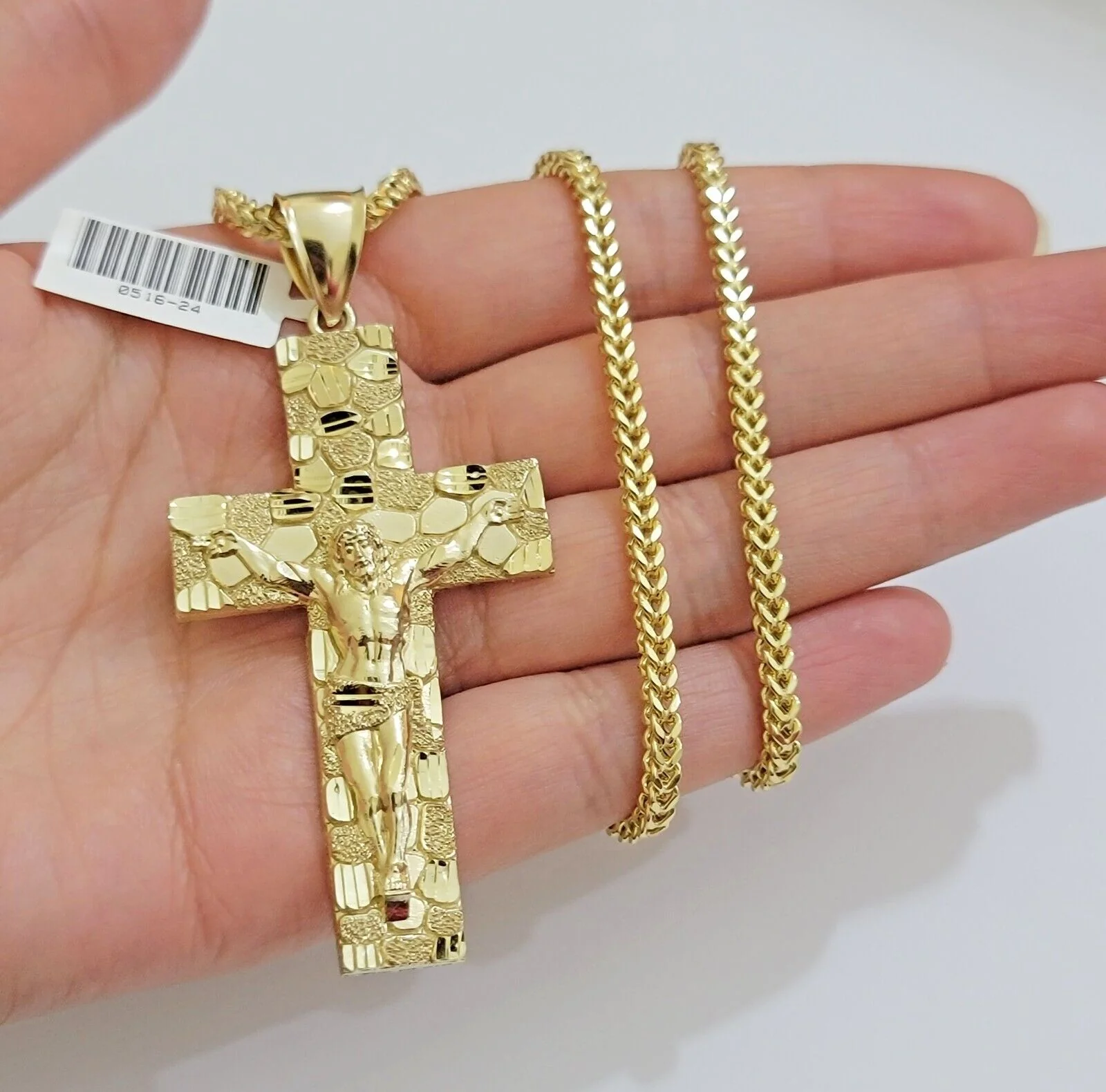 REAL 10k Gold Franco Necklace Nugget Charm Cross Pendant SET 26 Inch 3mm Chain - Image 5