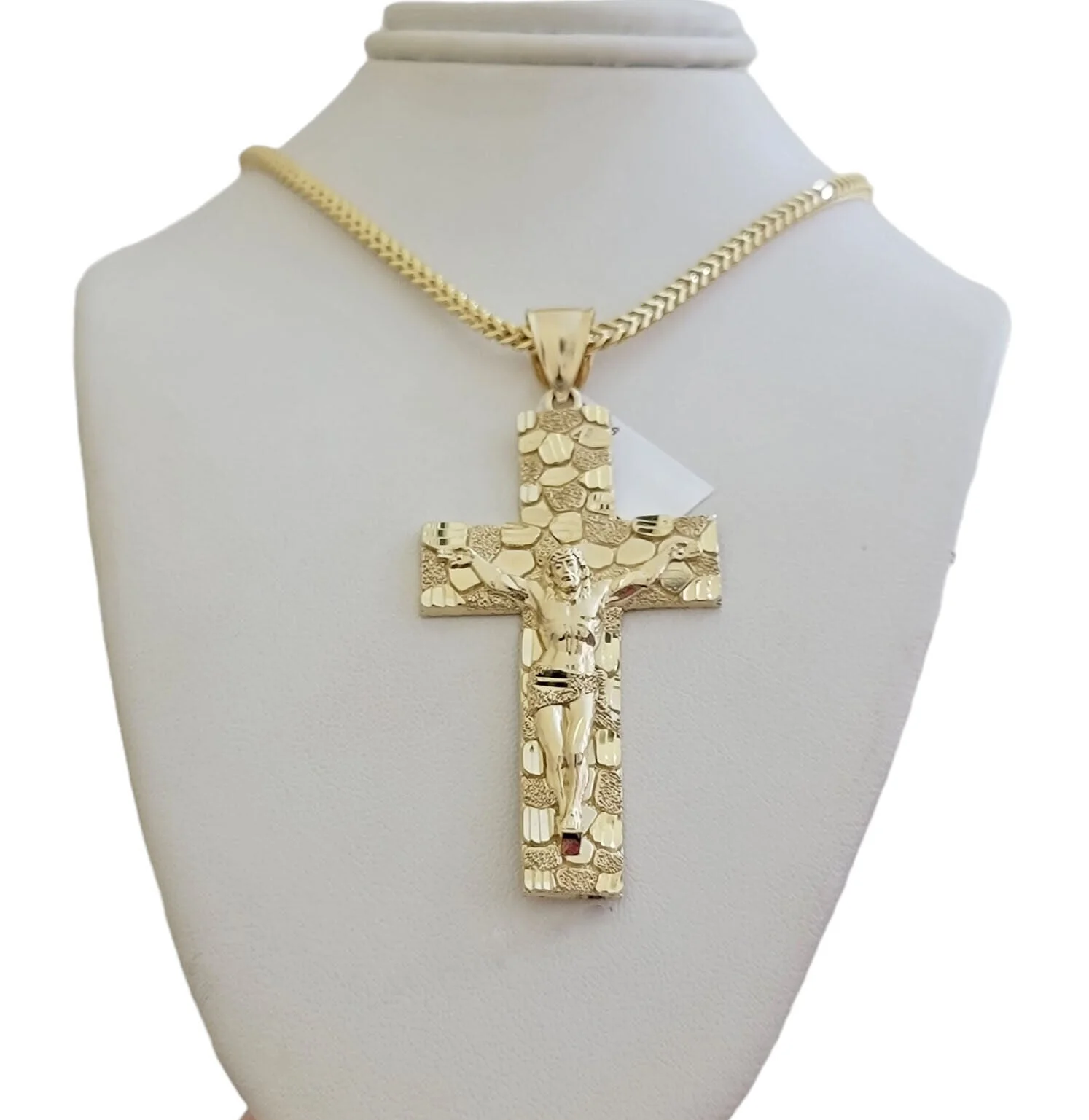 REAL 10k Gold Franco Necklace Nugget Charm Cross Pendant SET 26 Inch 3mm Chain - Image 6