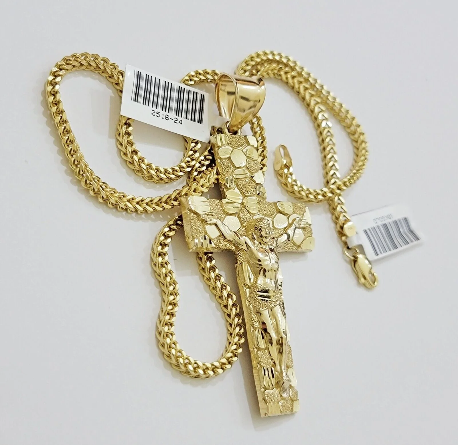 REAL 10k Gold Franco Necklace Nugget Charm Cross Pendant SET 26 Inch 3mm Chain - Image 8