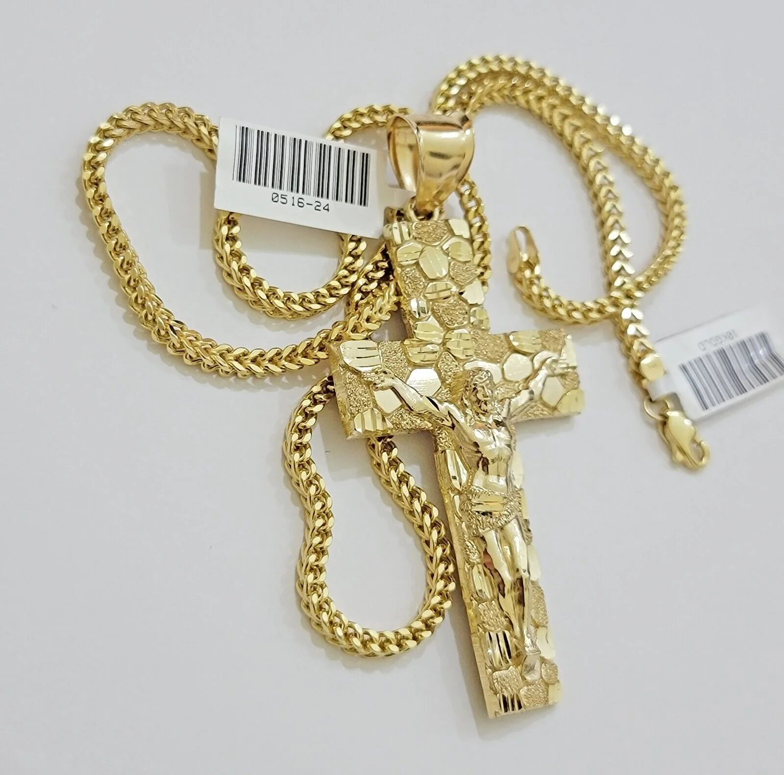 REAL 10k Gold Franco Necklace Nugget Cross Pendant SET 24 Inch 3mm Chain & Charm - Image 3