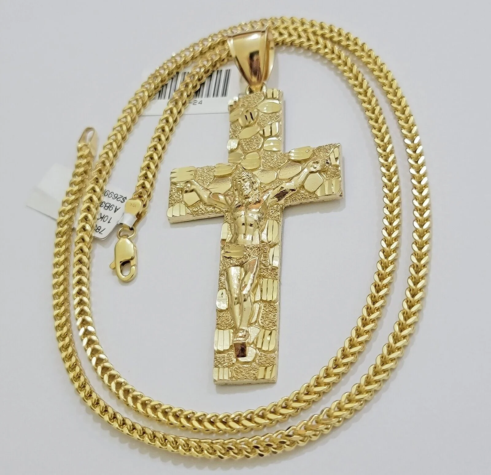 REAL 10k Gold Franco Necklace Nugget Cross Pendant SET 24 Inch 3mm Chain & Charm - Image 6