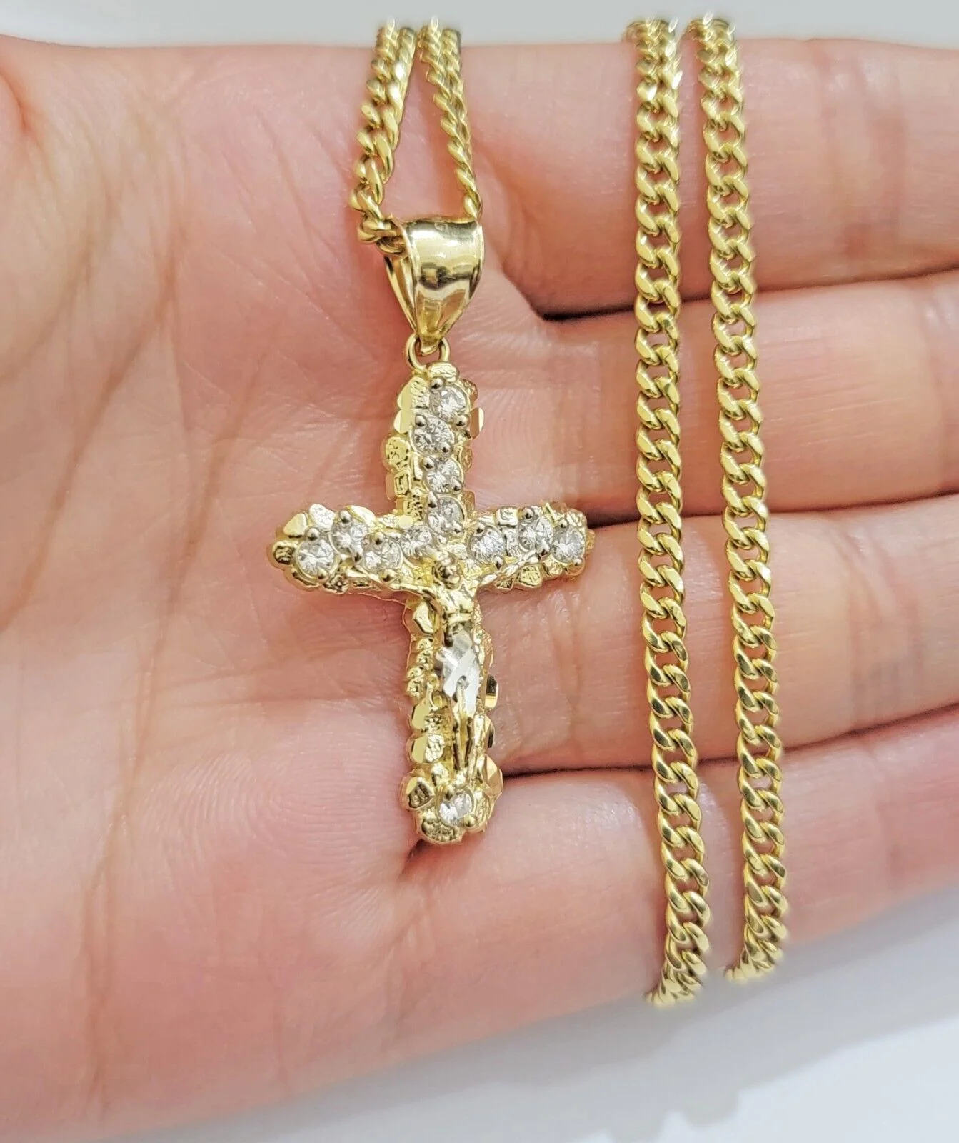 Real 10k Gold Jesus Cross Charm Chain Set Miami Cuban Link Necklace 2.5mm 18-26" - Image 3