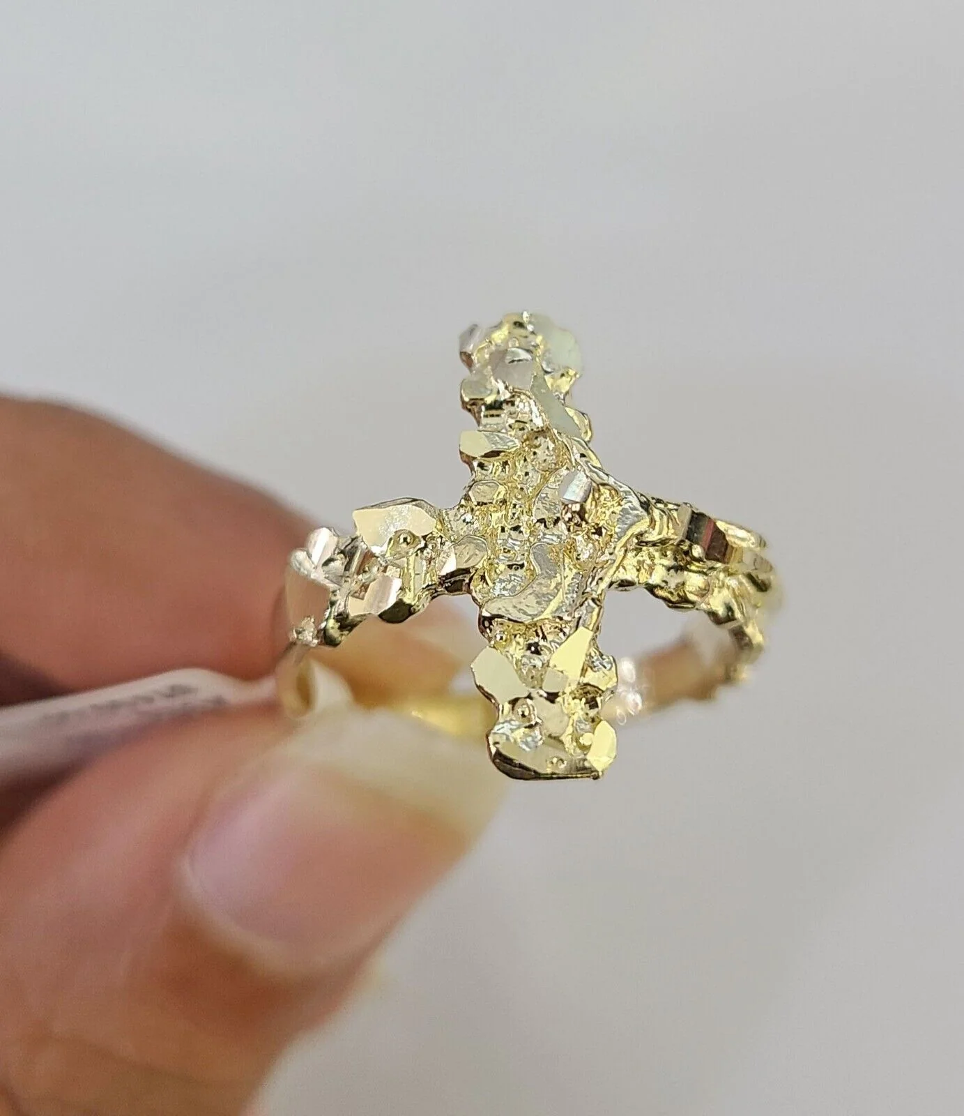 REAL 10K Gold Jesus Cross Nugget Ring Band Style Rings 10Kt Yellow All Sizes - Image 3