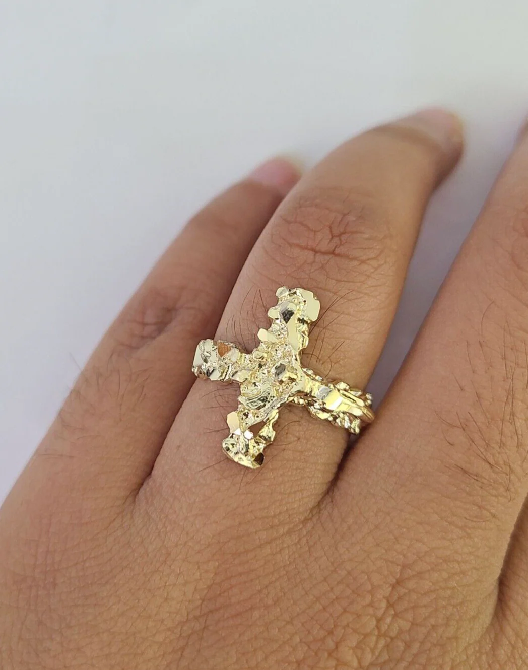 REAL 10K Gold Jesus Cross Nugget Ring Band Style Rings 10Kt Yellow All Sizes - Image 7