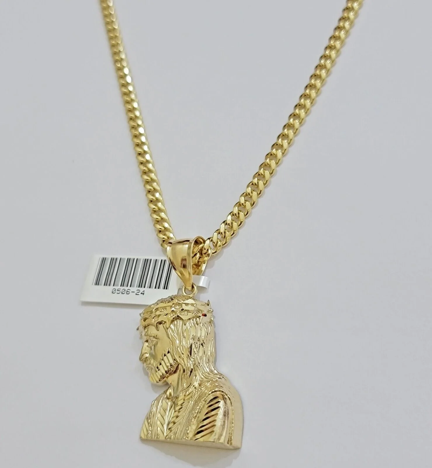 Real 10k Gold Jesus Head Charm Pendant Cuban Link Chain 4mm 24 Inch Necklace SET - Image 4
