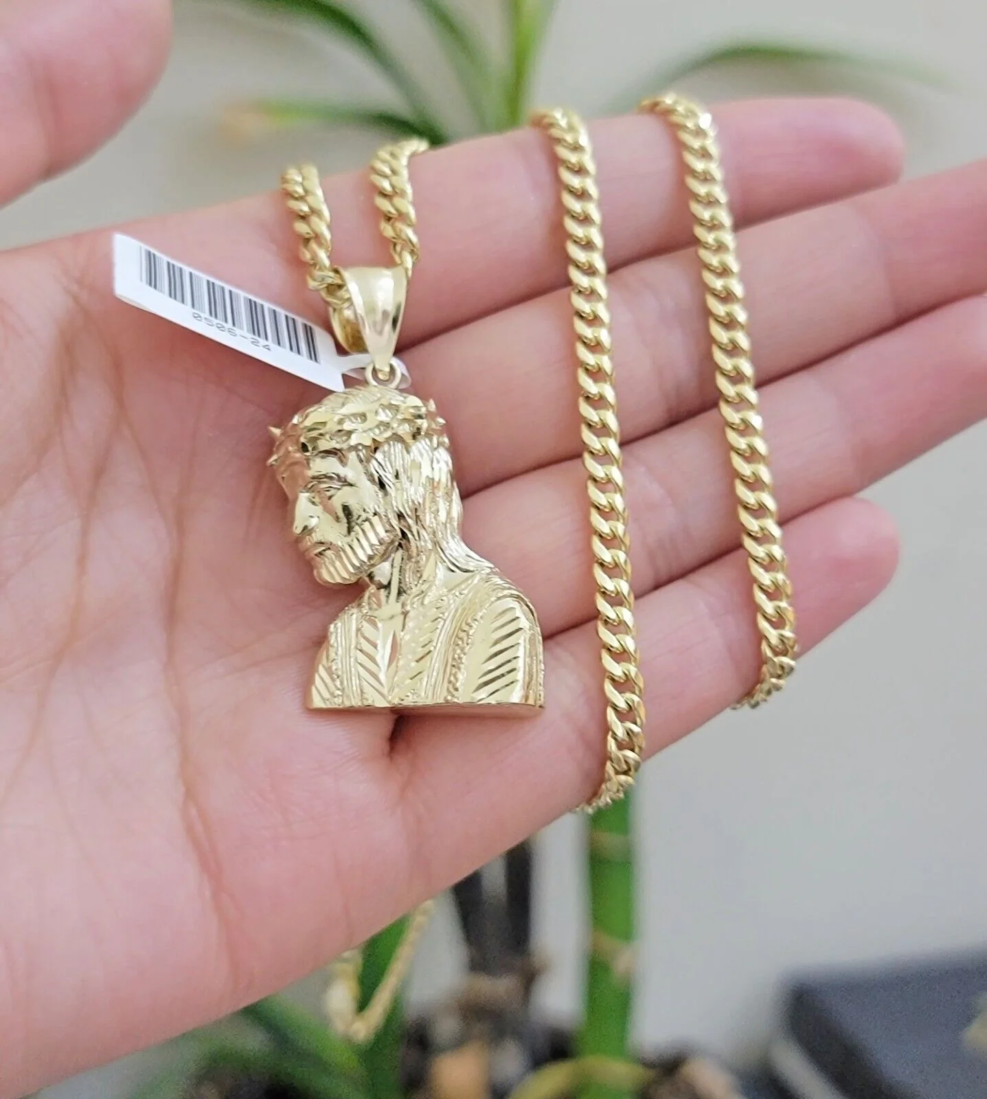 Real 10k Gold Jesus Heard Charm Pendant &Miami Cuban Link Chain 4mm Necklace SET - Image 2