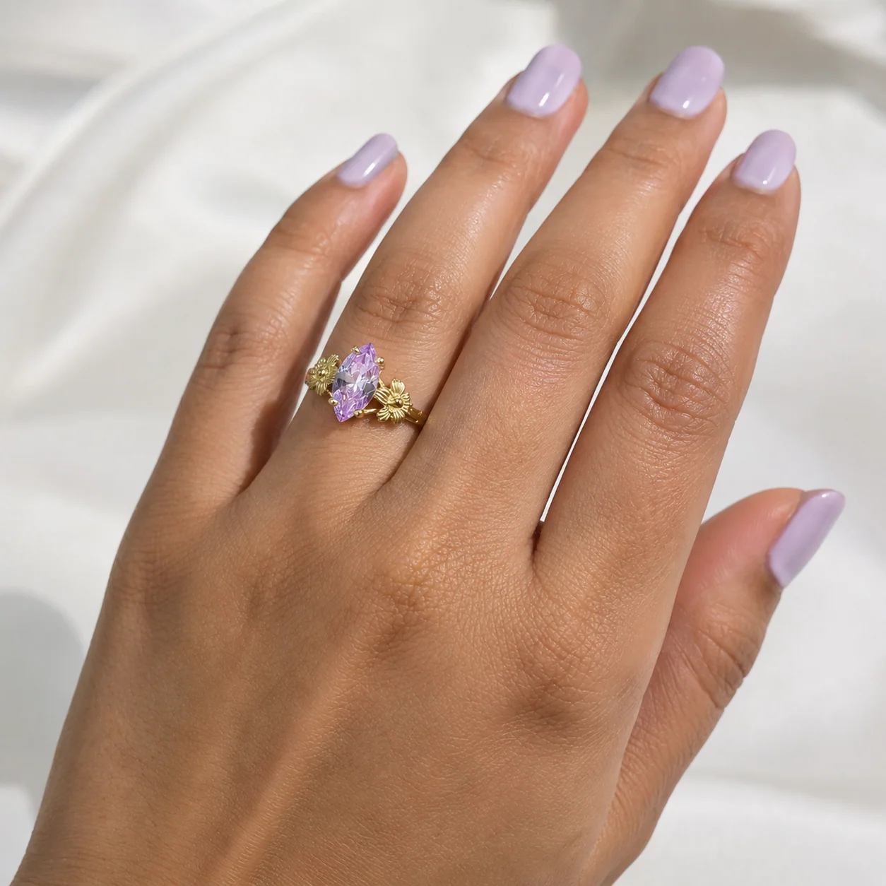 Real 10K Gold Ladies Floral Ring Marquise Cubic Zirconia Stone Ladies Statement