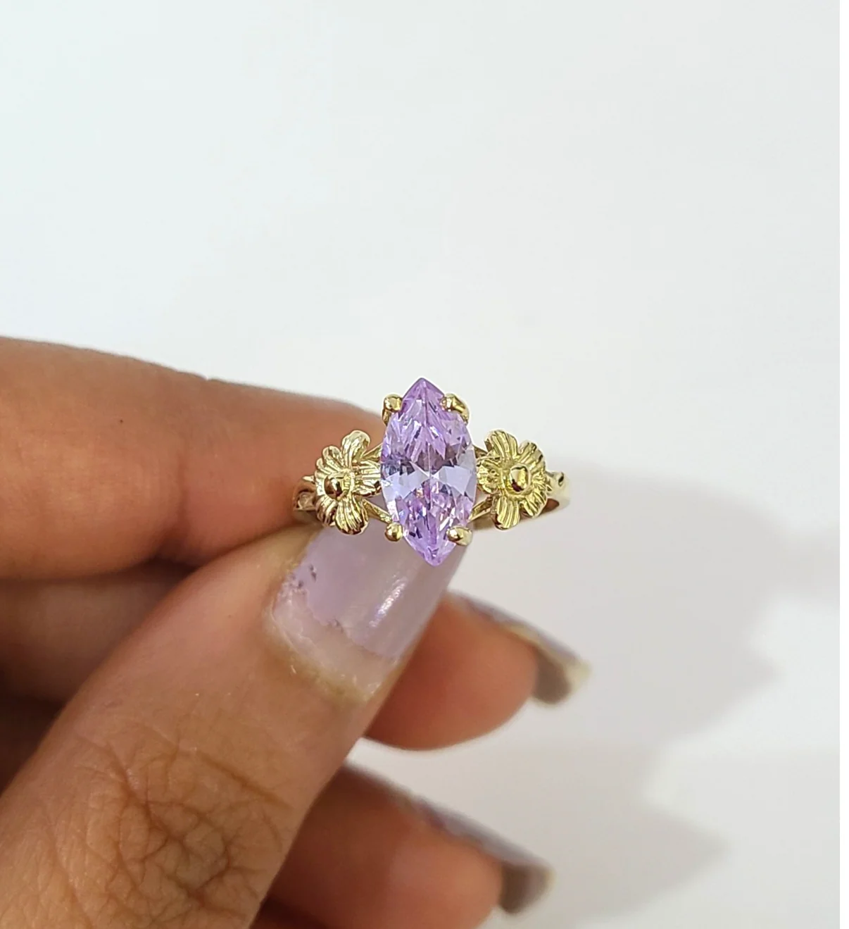 Real 10K Gold Ladies Floral Ring Marquise Cubic Zirconia Stone Ladies Statement - Image 4