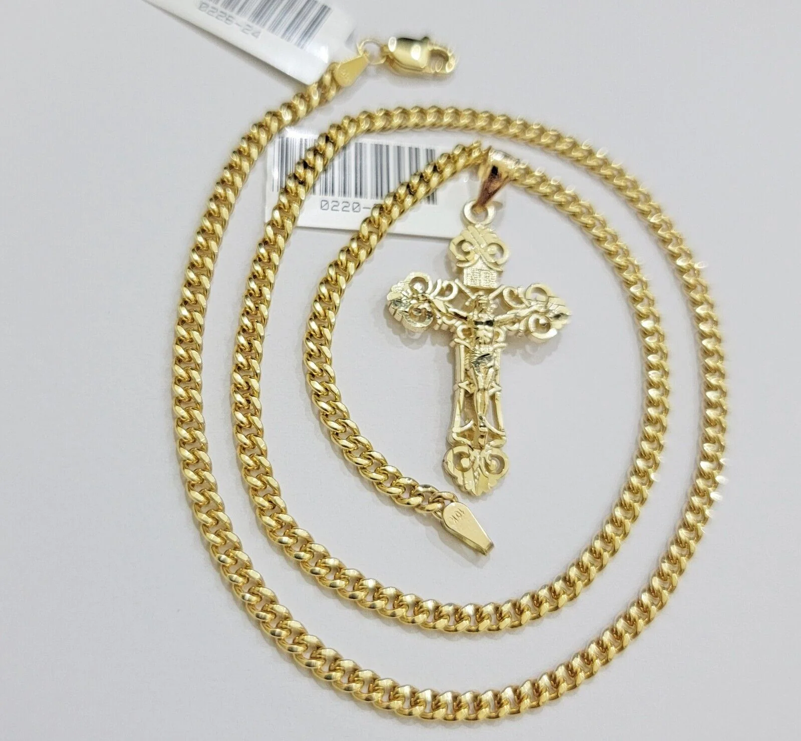 Real 10k Gold Necklace Chain Jesus Cross Charm Pendant SET 3mm Miami Cuban Link - Image 2