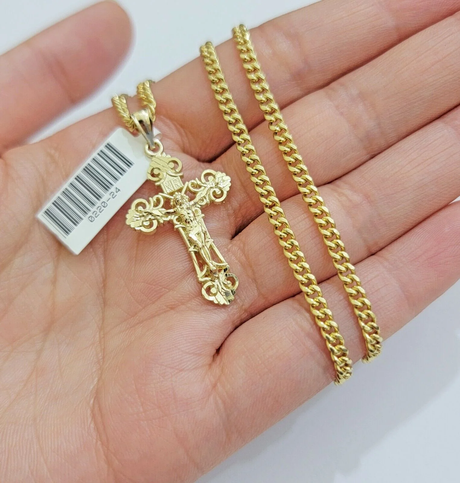 Real 10k Gold Necklace Chain Jesus Cross Charm Pendant SET 3mm Miami Cuban Link - Image 3