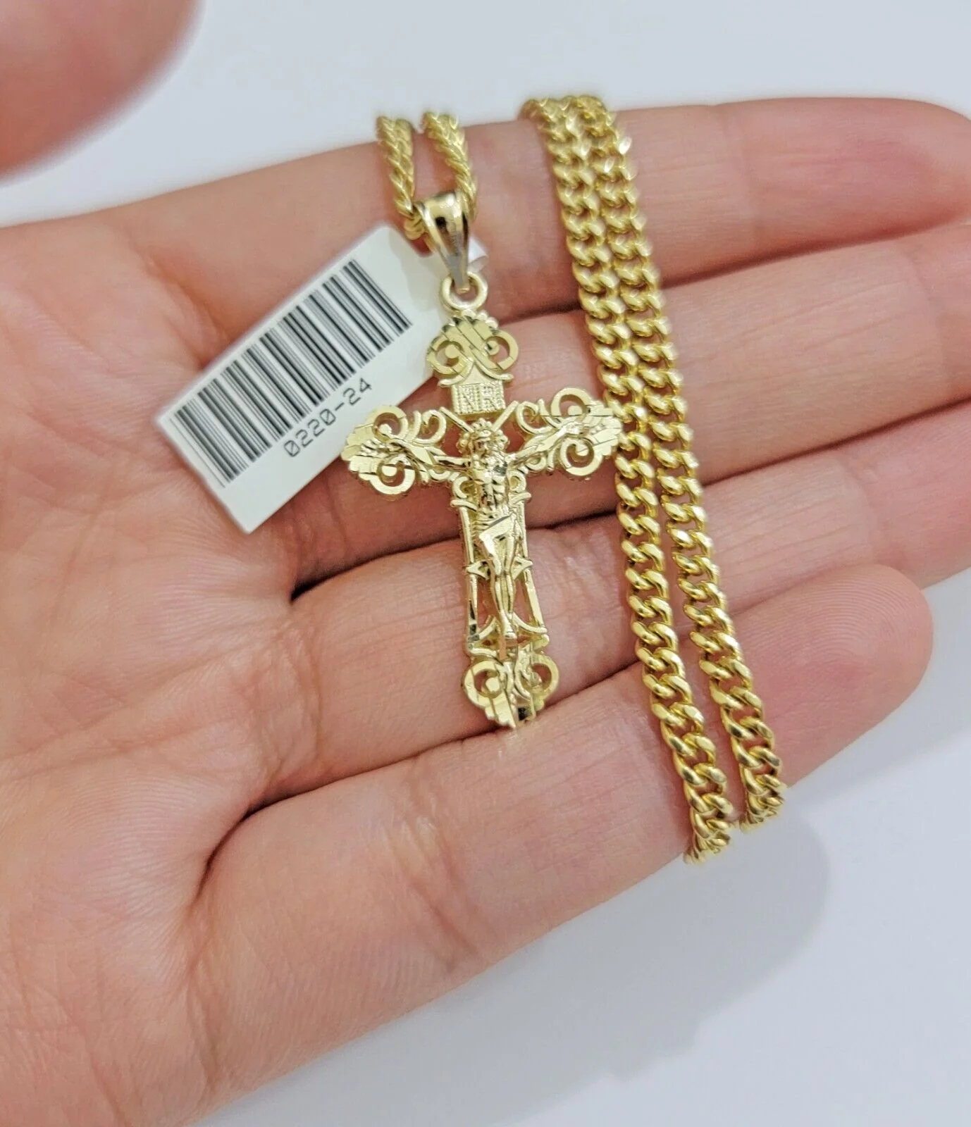 Real 10k Gold Necklace Chain Jesus Cross Charm Pendant SET 3mm Miami Cuban Link - Image 5