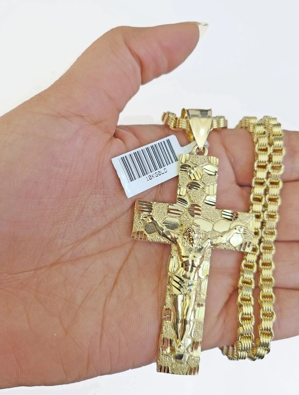 Real 10k Gold Nugget Cross Byzantine Chain Necklace 4mm 22" Chain Charm SET 10kt - Image 2