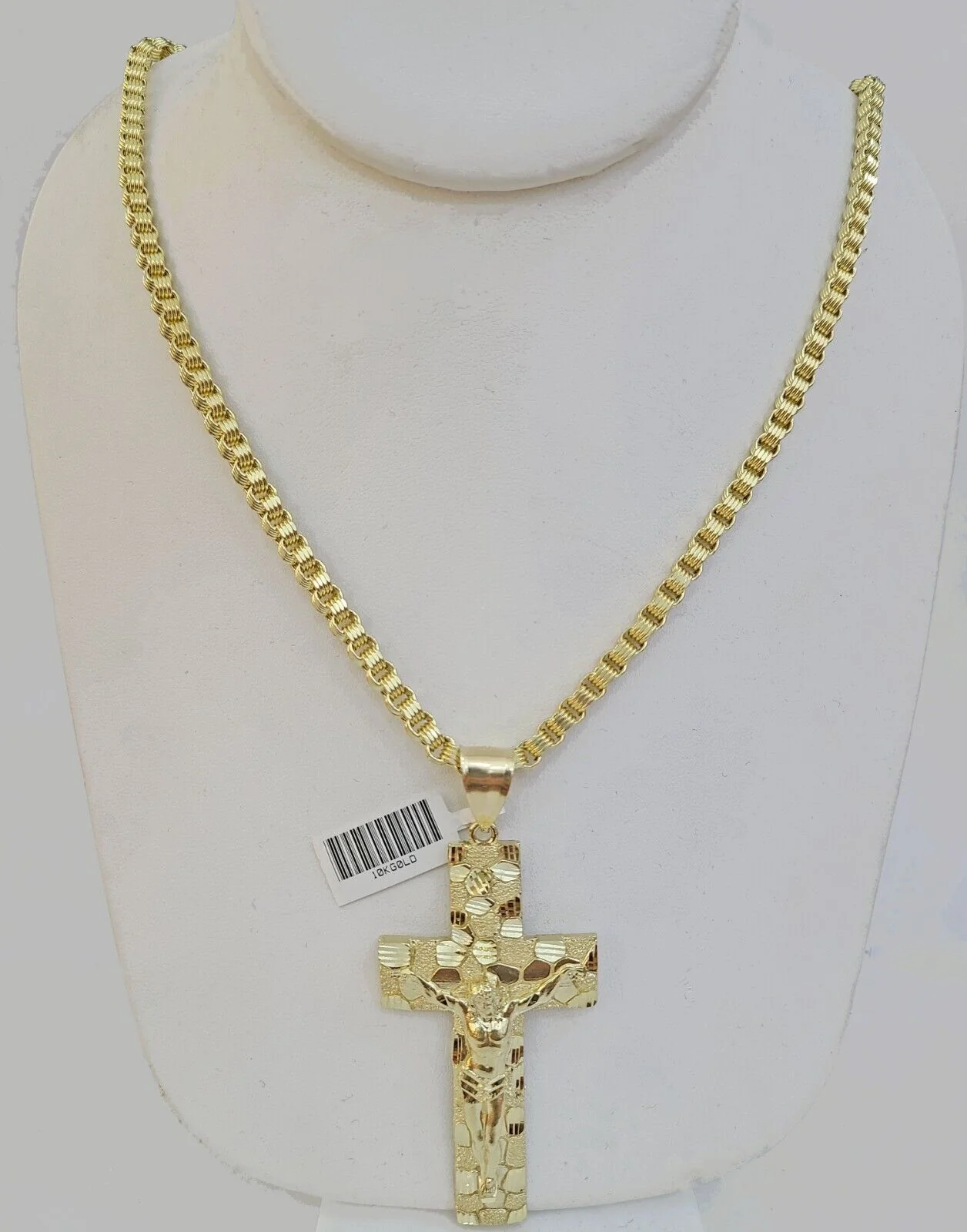 Real 10k Gold Nugget Cross Byzantine Chain Necklace 4mm 24" Chain Charm SET 10kt - Image 3