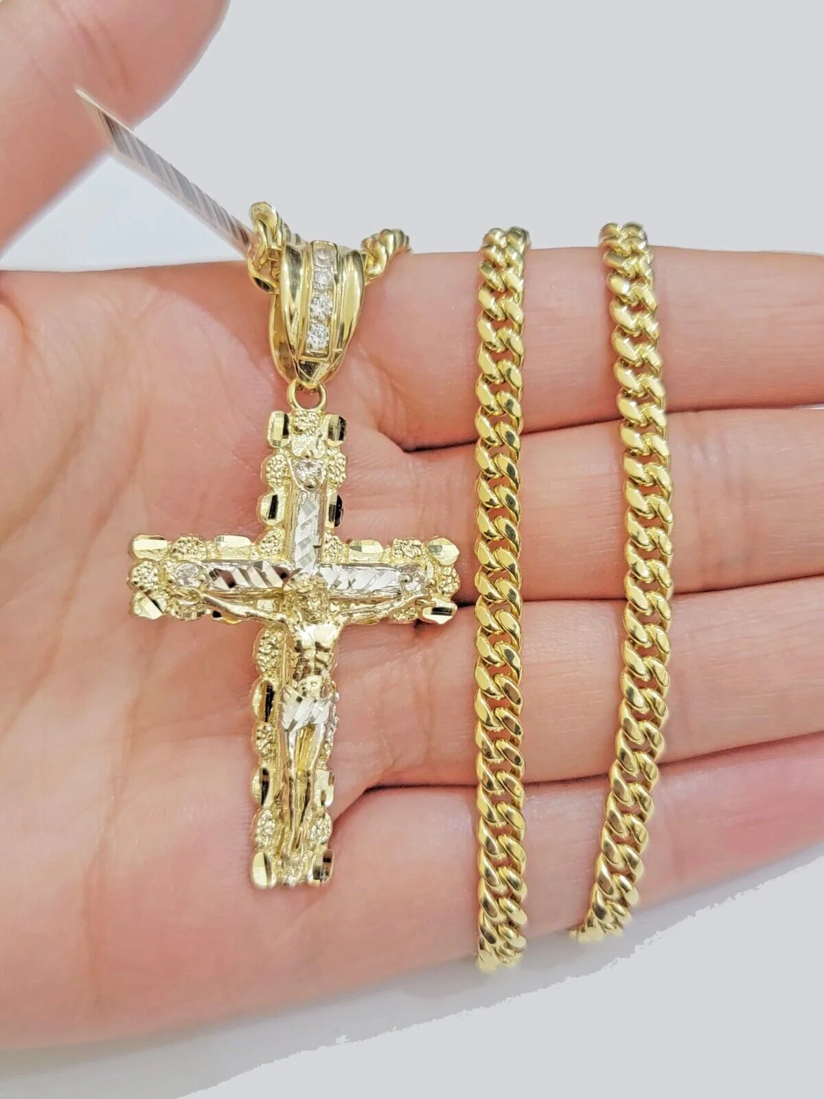Real 10k Gold Nugget Cross & Cuban Link Chain 5mm 26" Necklace Charm pendant Set - Image 5