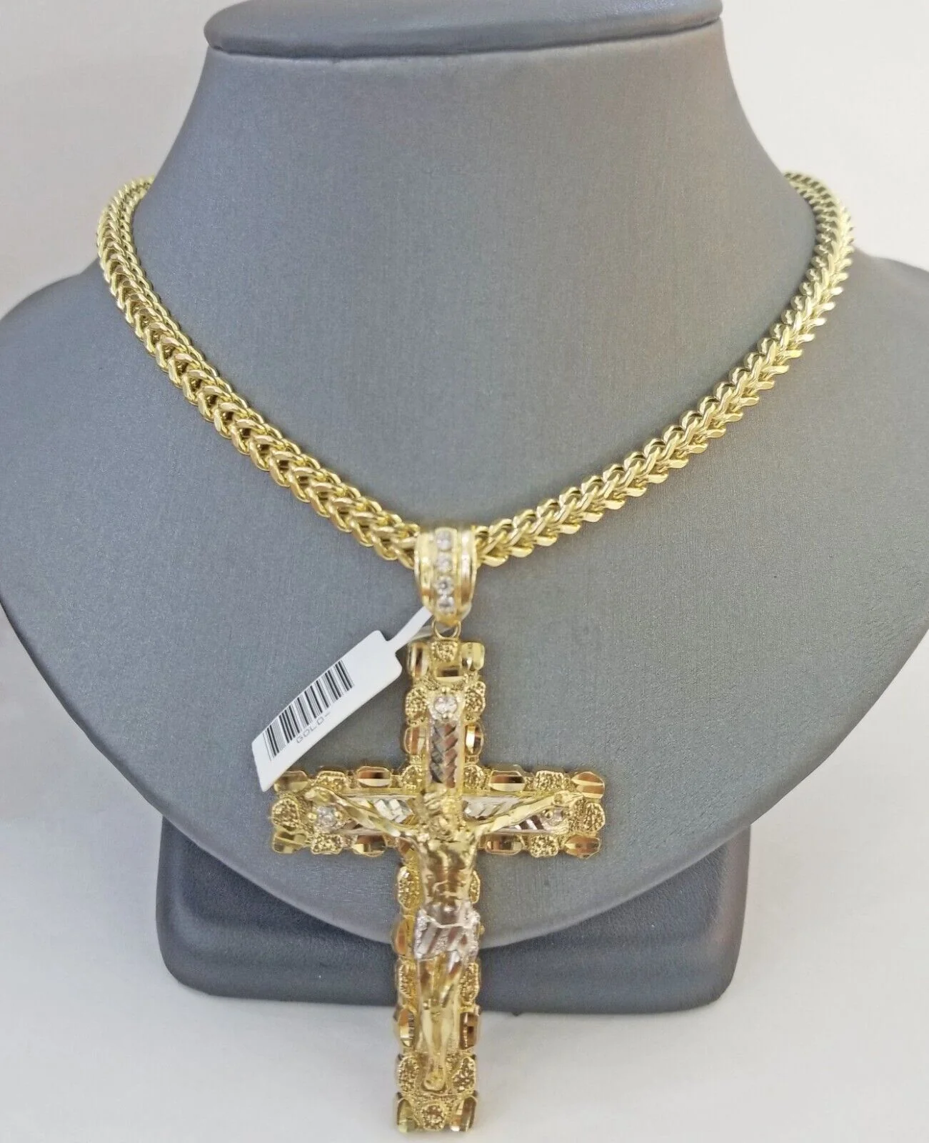 Real 10k Gold Nugget Cross Pendant Franco Necklace 4mm 24" Chain Charm  SET 10kt - Image 2