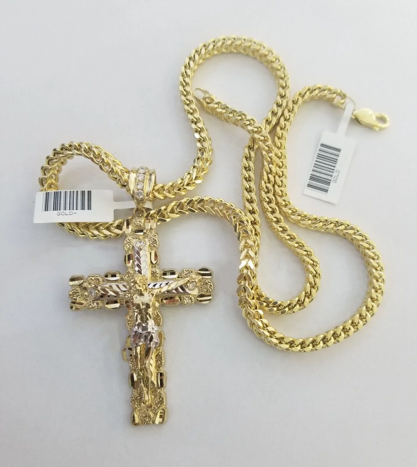 Real 10k Gold Nugget Cross Pendant Franco Necklace 4mm 24" Chain Charm  SET 10kt - Image 3