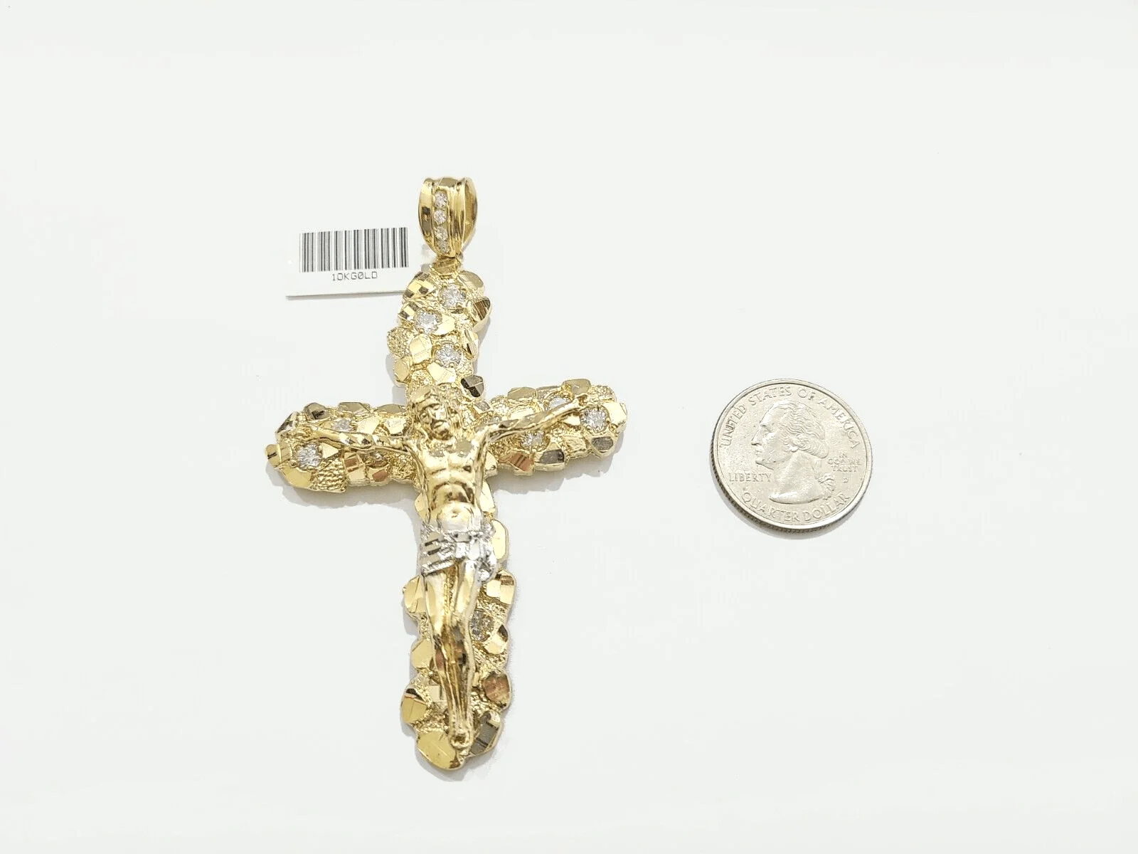 Real 10k Gold Nugget Jesus Cross Charm Pendant 3.5'' Inch 10KT  Yellow Gold - Image 4