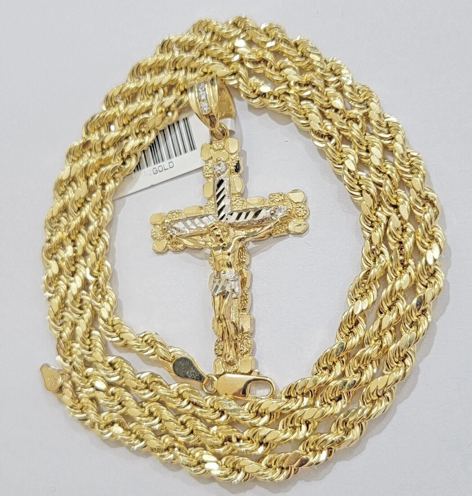 Real 10k Gold Rope Chain 18 inch & Jesus Cross Charm Pendant Set 5mm Necklace - Image 3