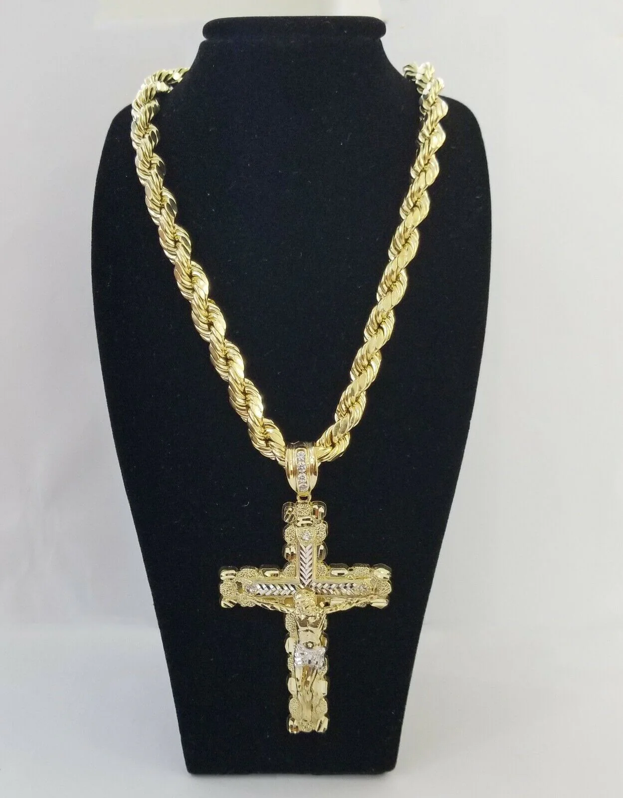 Real 10k Gold Rope Chain 26"Inch 10mm and nugget Cross Pendent 10kt yellow gold