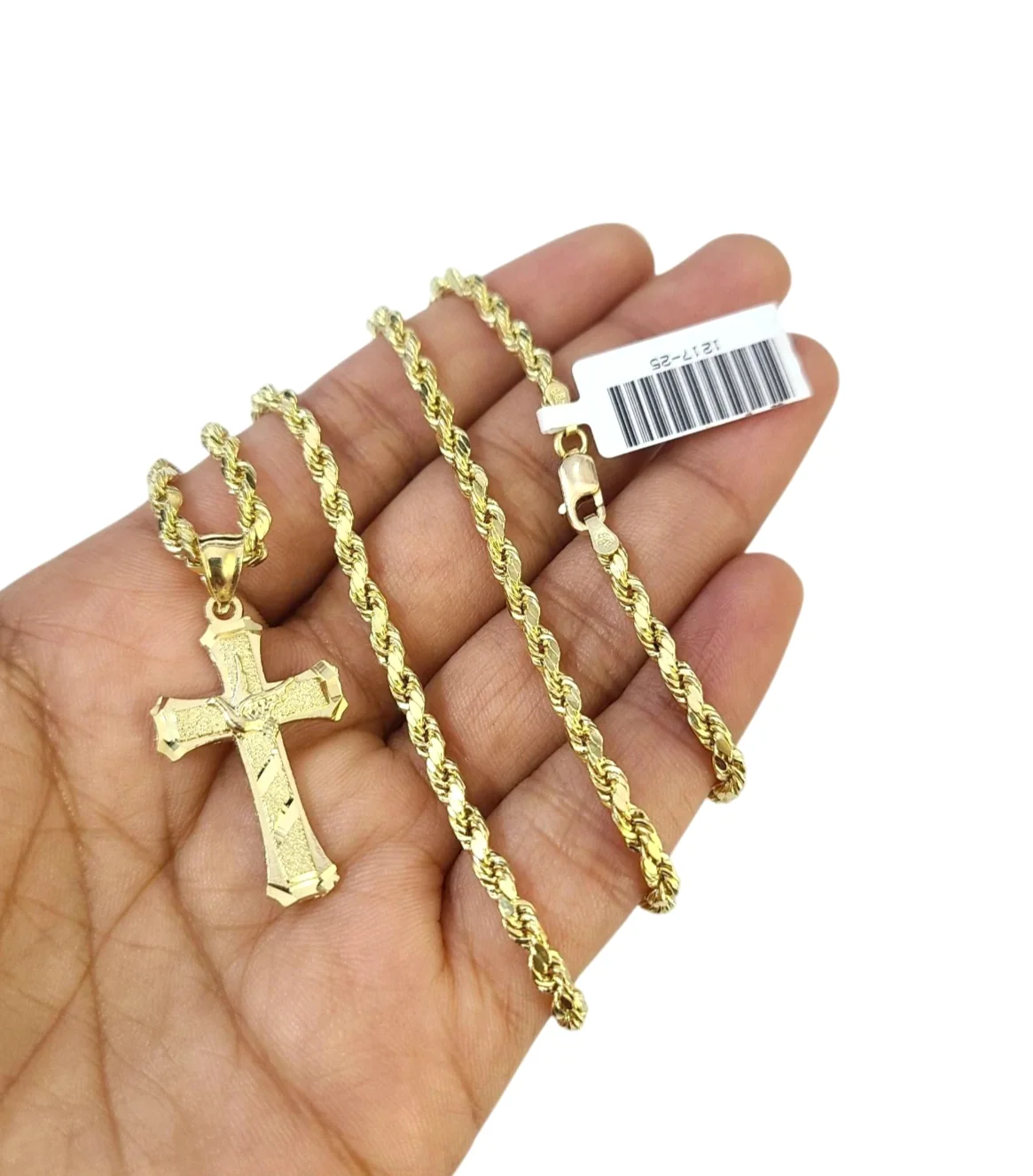 Real 10K Gold Rope Chain 3mm Religious Cross Charm Set Men Women 18"-28" - Image 6