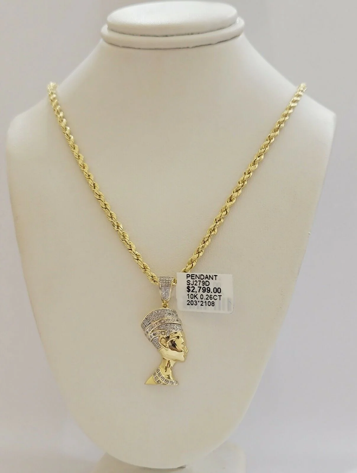 REAL 10k Gold Rope Chain Diamond Pendant Pharaoh Head SET 3mm Necklace 18" - 28" - Image 5