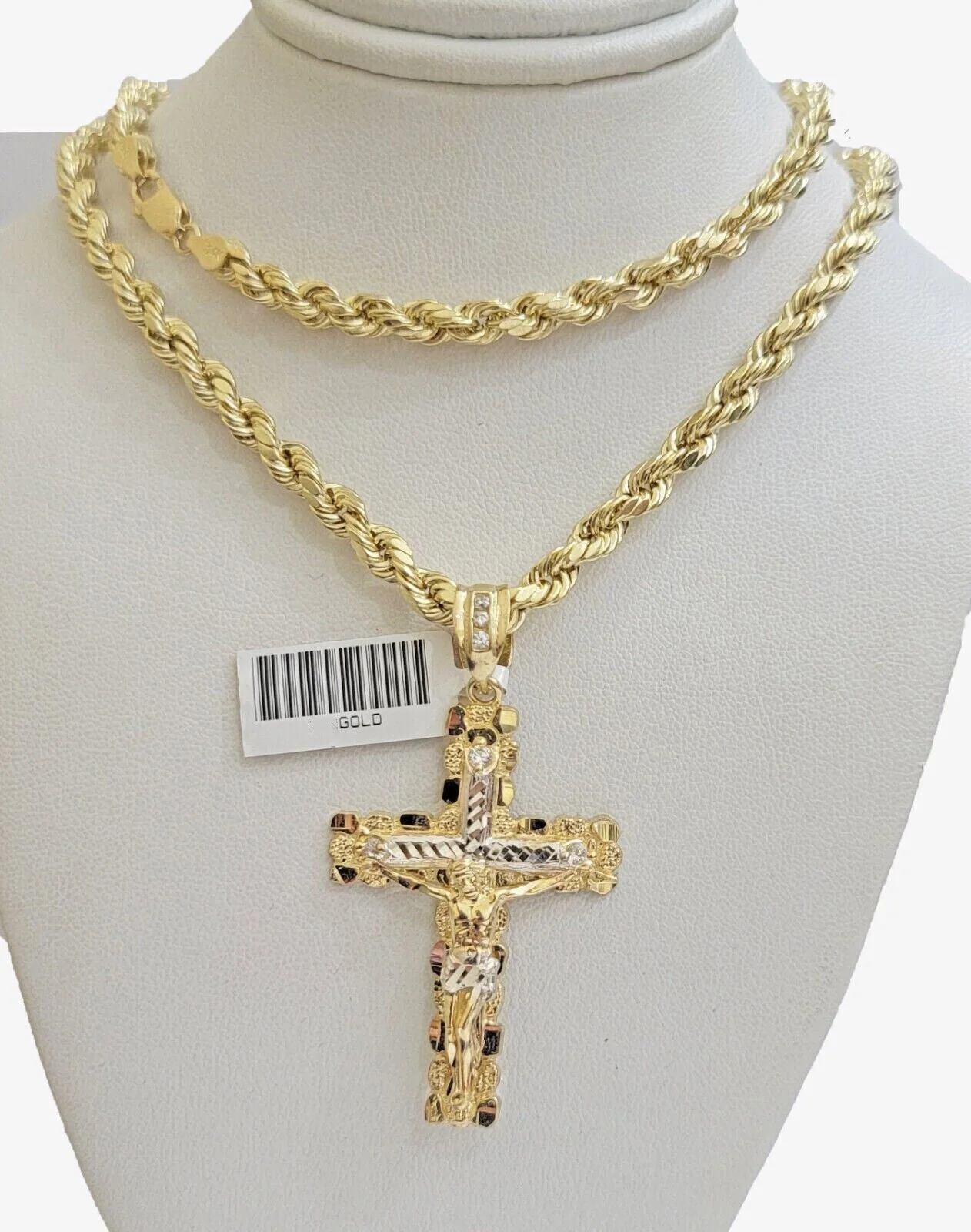 Real 10k Gold Rope Chain Jesus Cross Charm Pendant Set 18-28" inch 5mm Necklace - Image 2