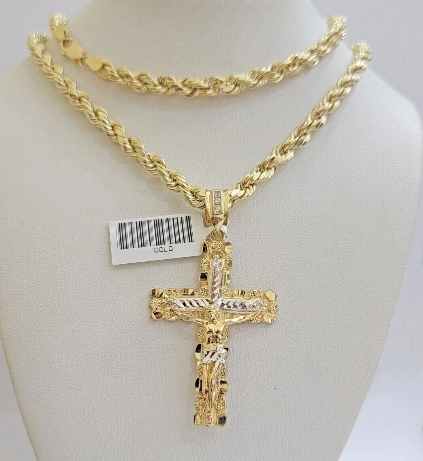 Real 10k Gold Rope Chain Jesus Cross Charm Pendant Set 20-28" inch 6mm Necklace - Image 5