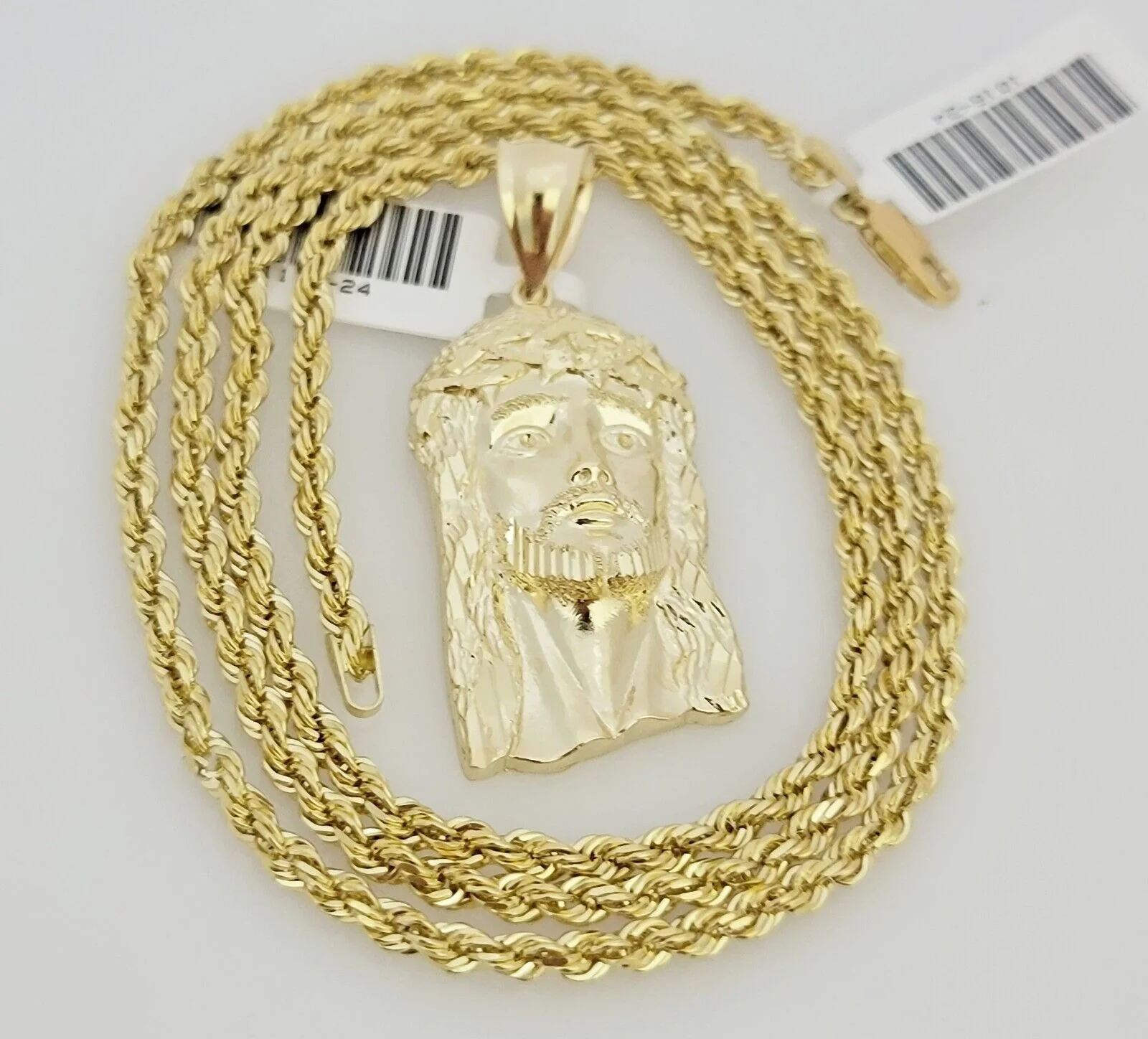 Real 10k Gold Rope Chain Jesus Face Charm Pendant Set 3mm Necklace 24 Inch SOLID - Image 4