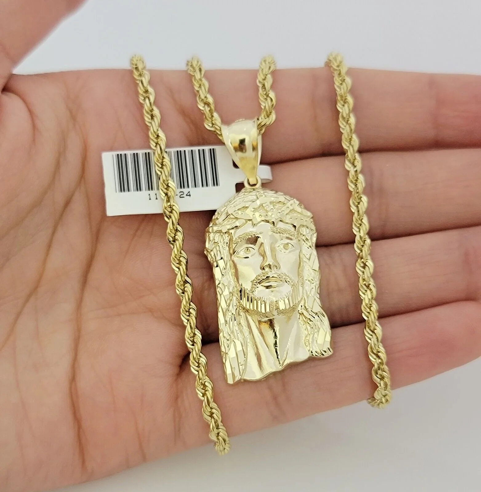 Real 10k Gold Rope Chain Jesus Face Charm Pendant Set 3mm Necklace 24 Inch SOLID - Image 8