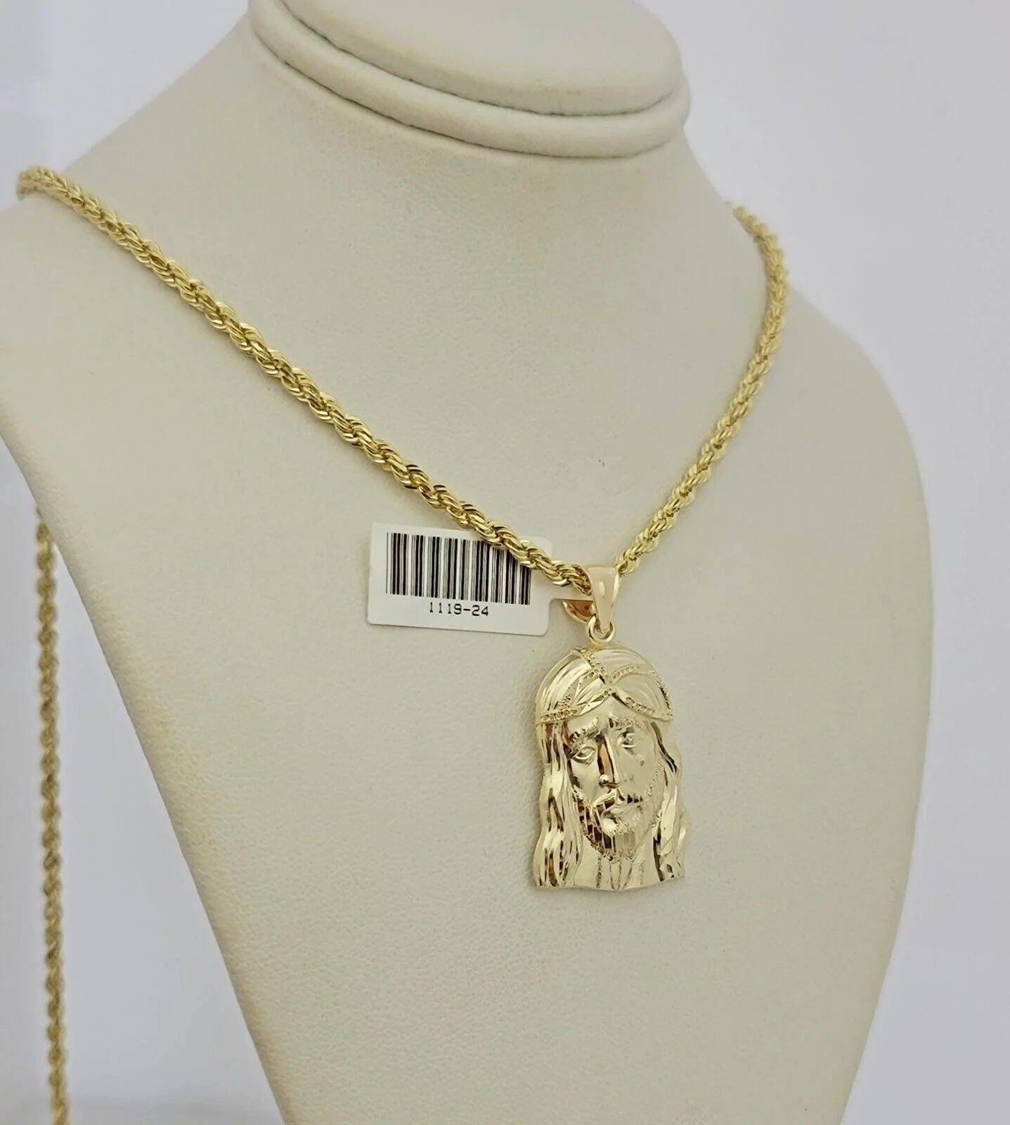 Real 10k Gold Rope Chain Jesus Head Charm Pendant Set 3mm Necklace 24 Inch SOLID - Image 2